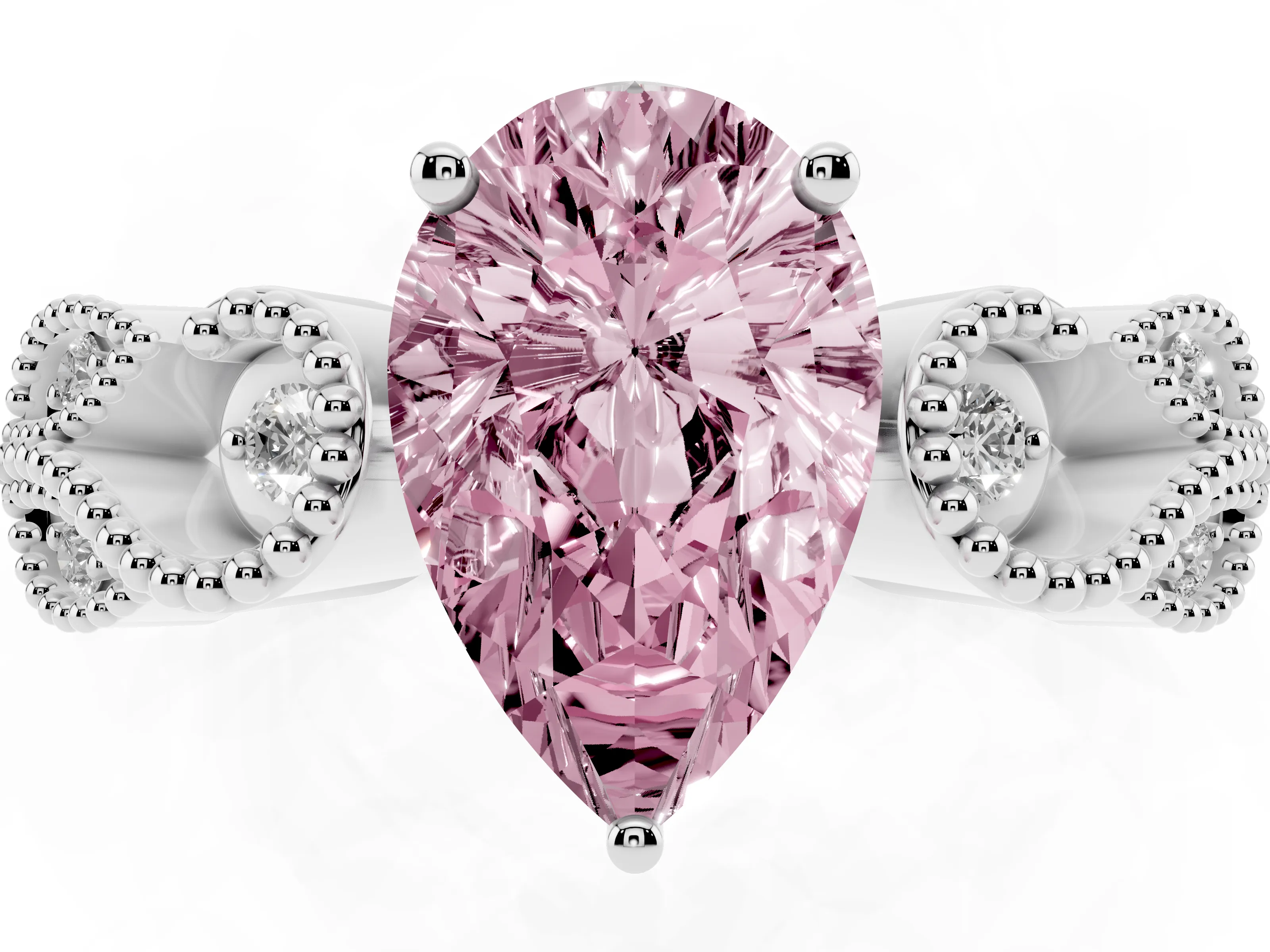 Fancy Pink Pear Cut Diamond Milgrain Leaf Band Solitaire Ring Set in White gold with Accent Stones and Prong Setting