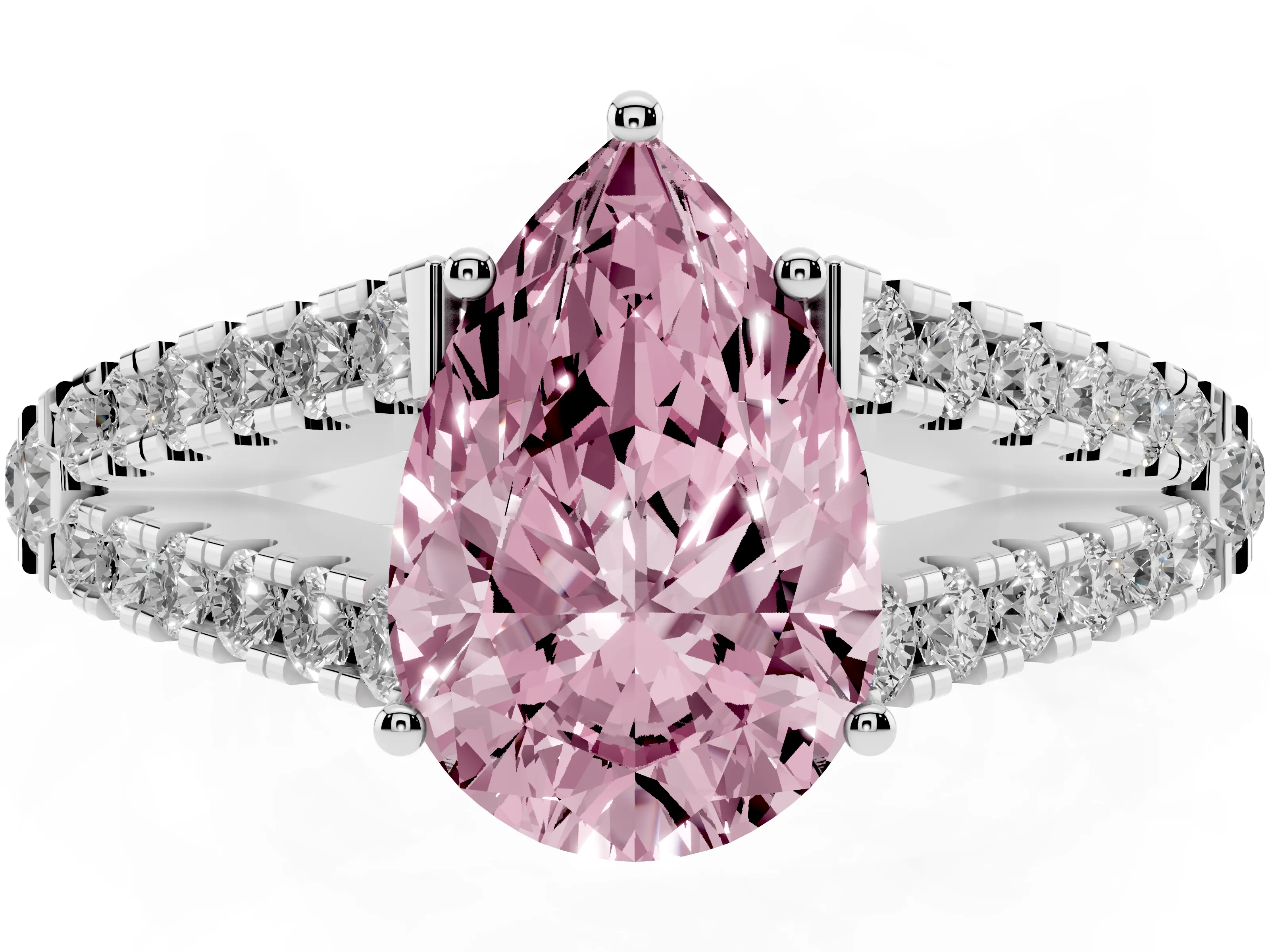 Fancy Pink Pear Cut Diamond Split Shank Pavé Engagement Ring Set in Platinum with Prong-Held Center Stone