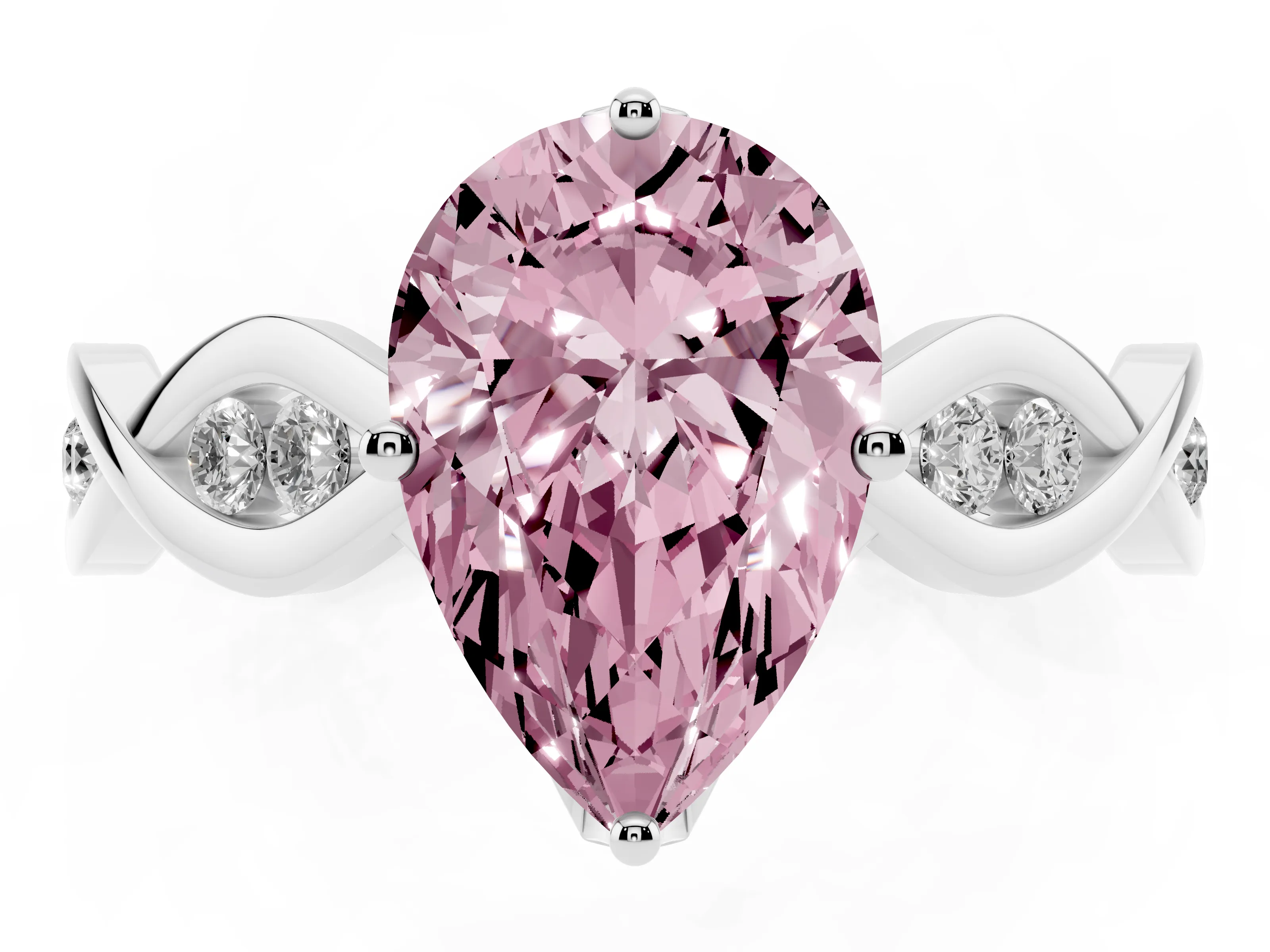 Fancy Pink Pear Cut Diamond Twist Band Solitaire Ring Set in Platinum with Leaf Prong Setting and Accent Stones