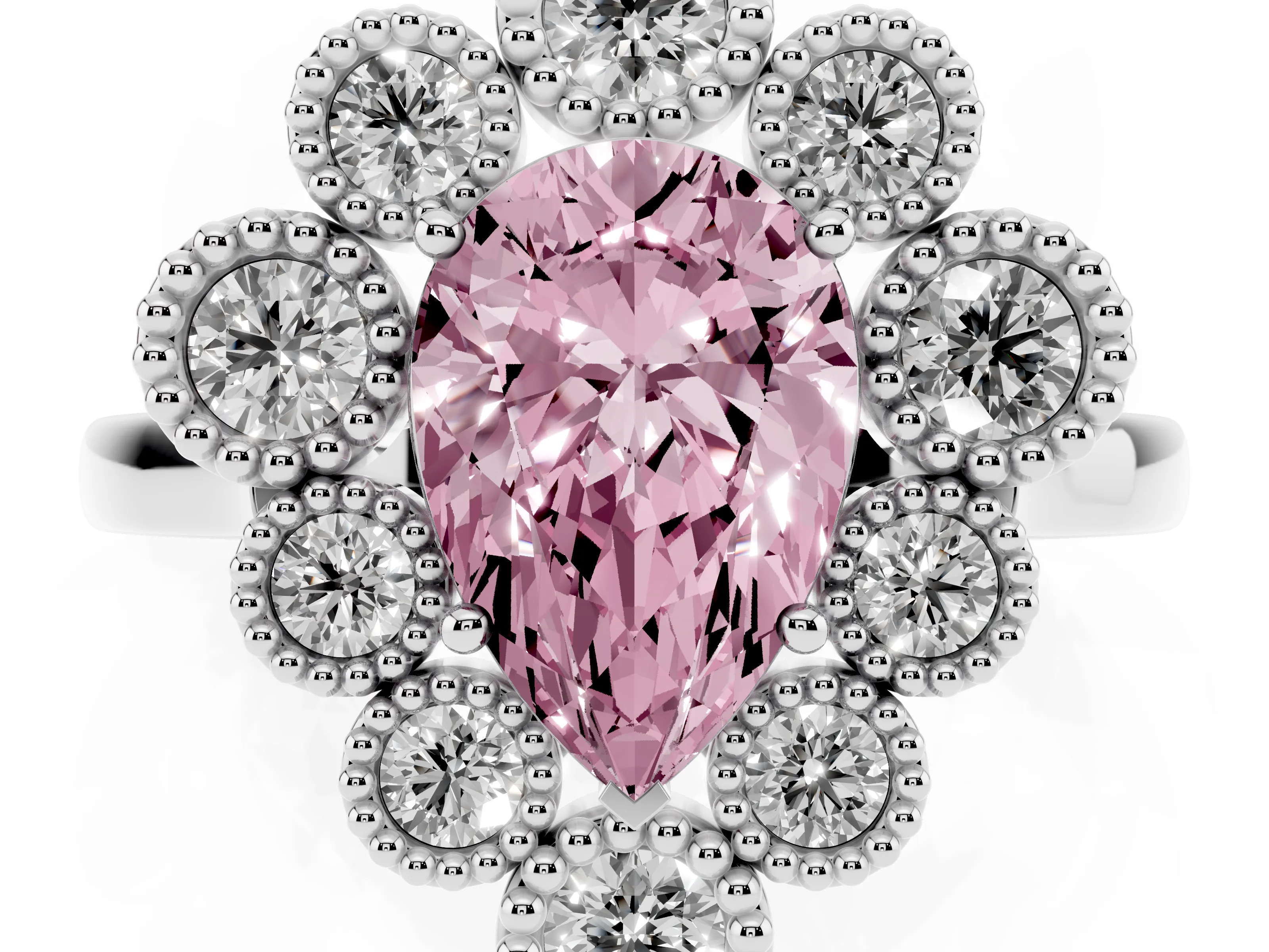 Fancy Pink Pear Cut Diamond Cluster Halo Ring Set in White gold with Milgrain Bezel Accents and Plain Band