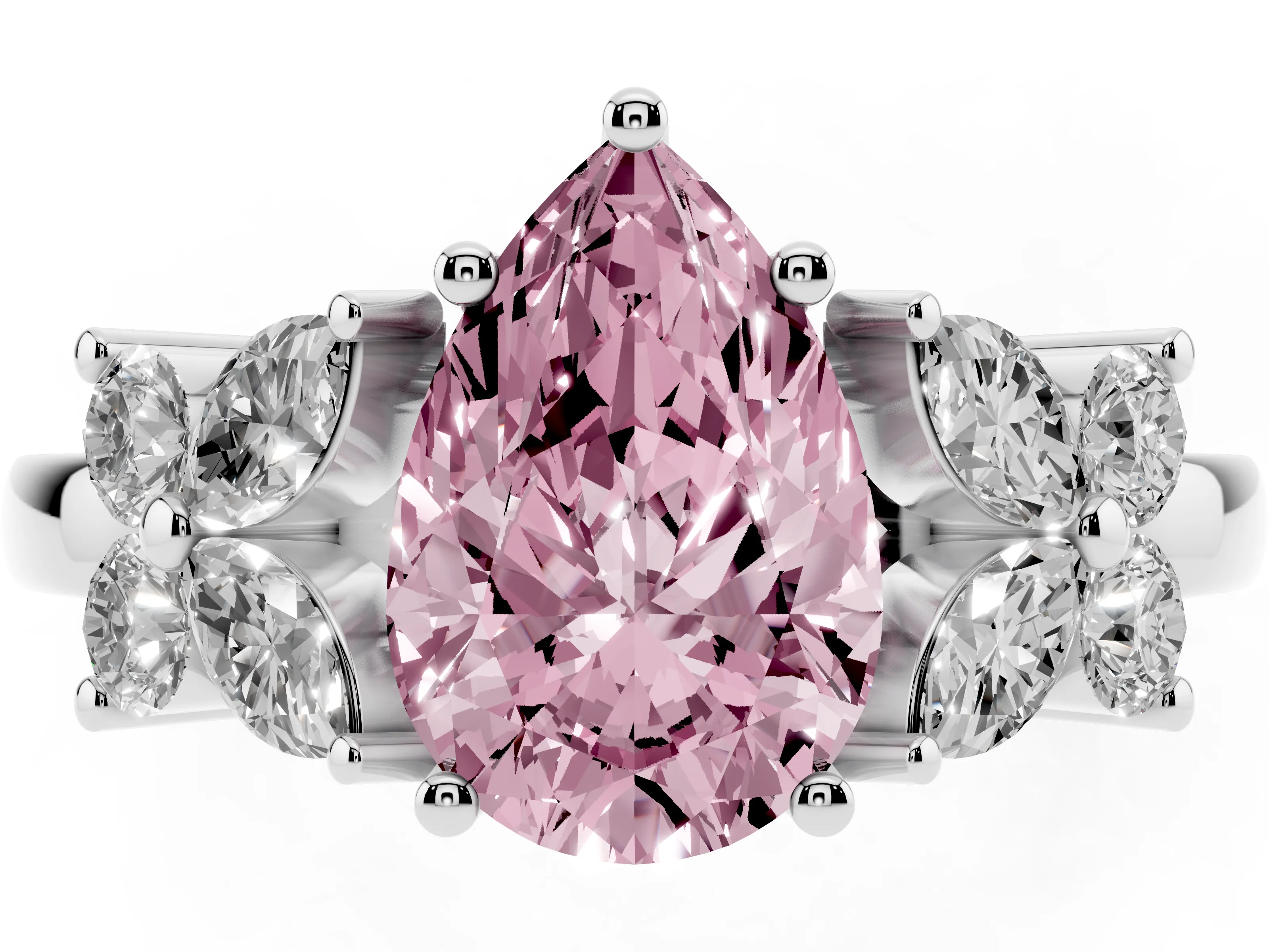 Fancy Pink Pear Cut Diamond Floral Cluster Ring Set in Platinum with Marquise Petals and Prong Setting