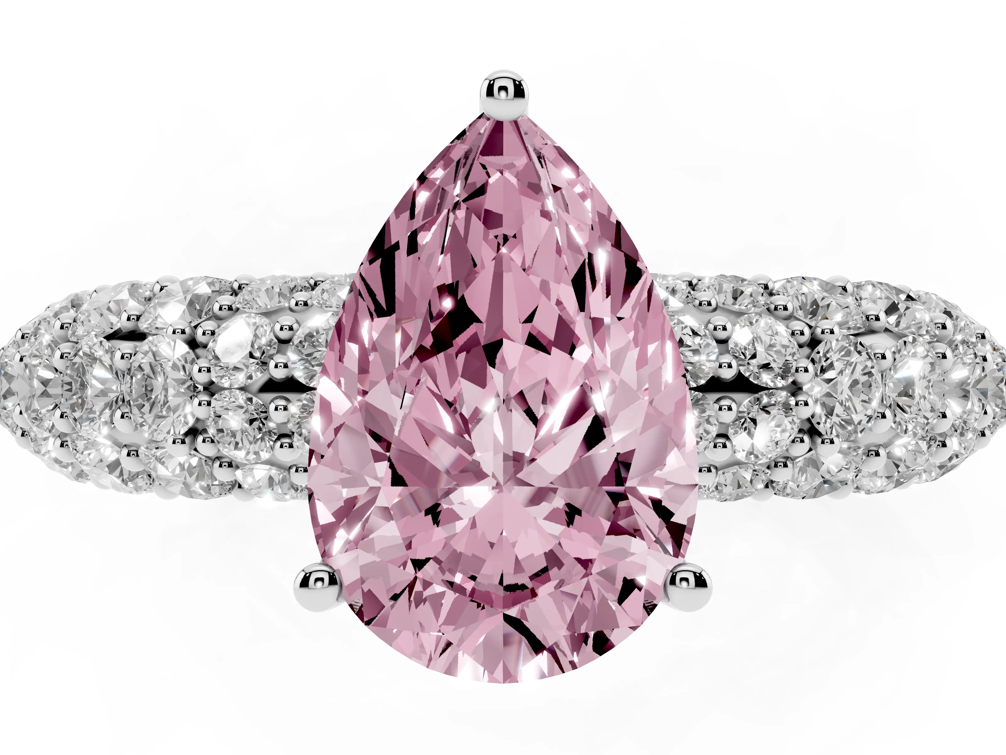 Fancy Pink Pear Cut Diamond Pavé Band Solitaire Ring Set in White gold with Close-Set Accent Stones and Prong Setting
