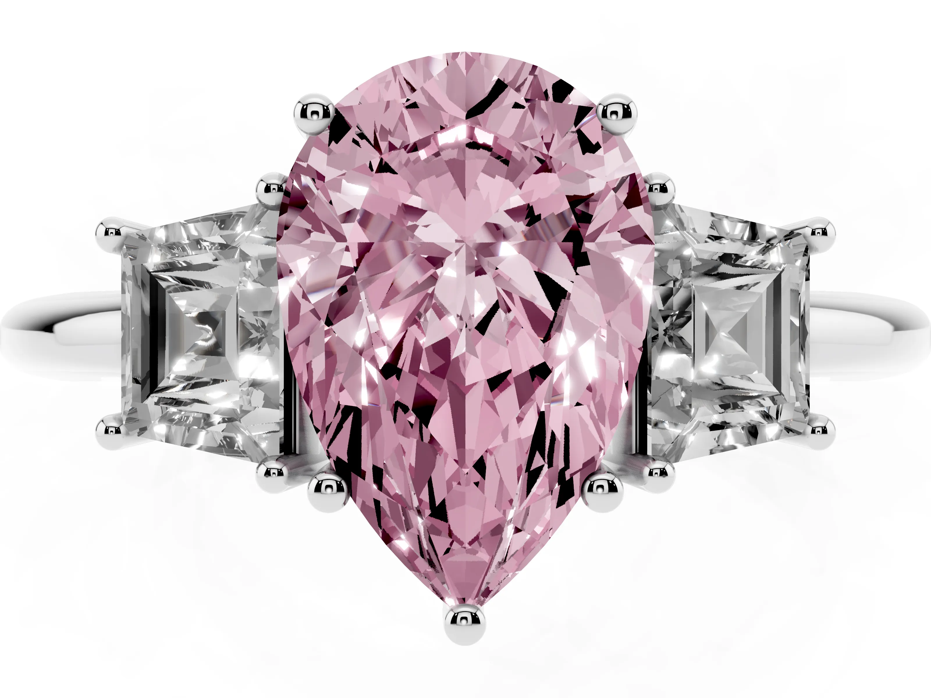 Fancy Pink Pear Cut Diamond Three-Stone Ring Set in White gold with Trapezoid Side Stones and Prong Setting