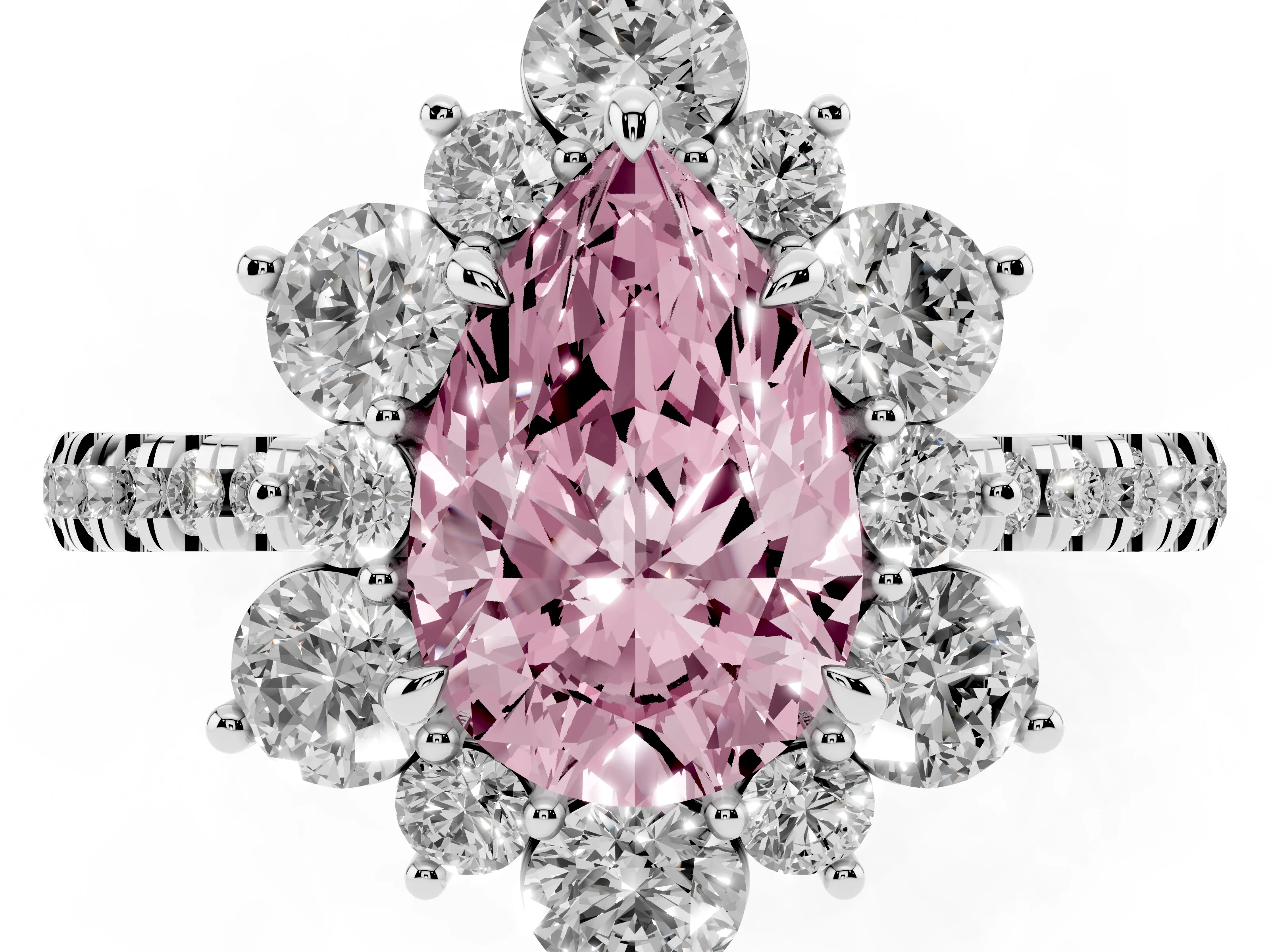 Fancy Pink Pear Cut Diamond Floral Halo Ring Set in White gold with Round Pavé Band and Prong Setting