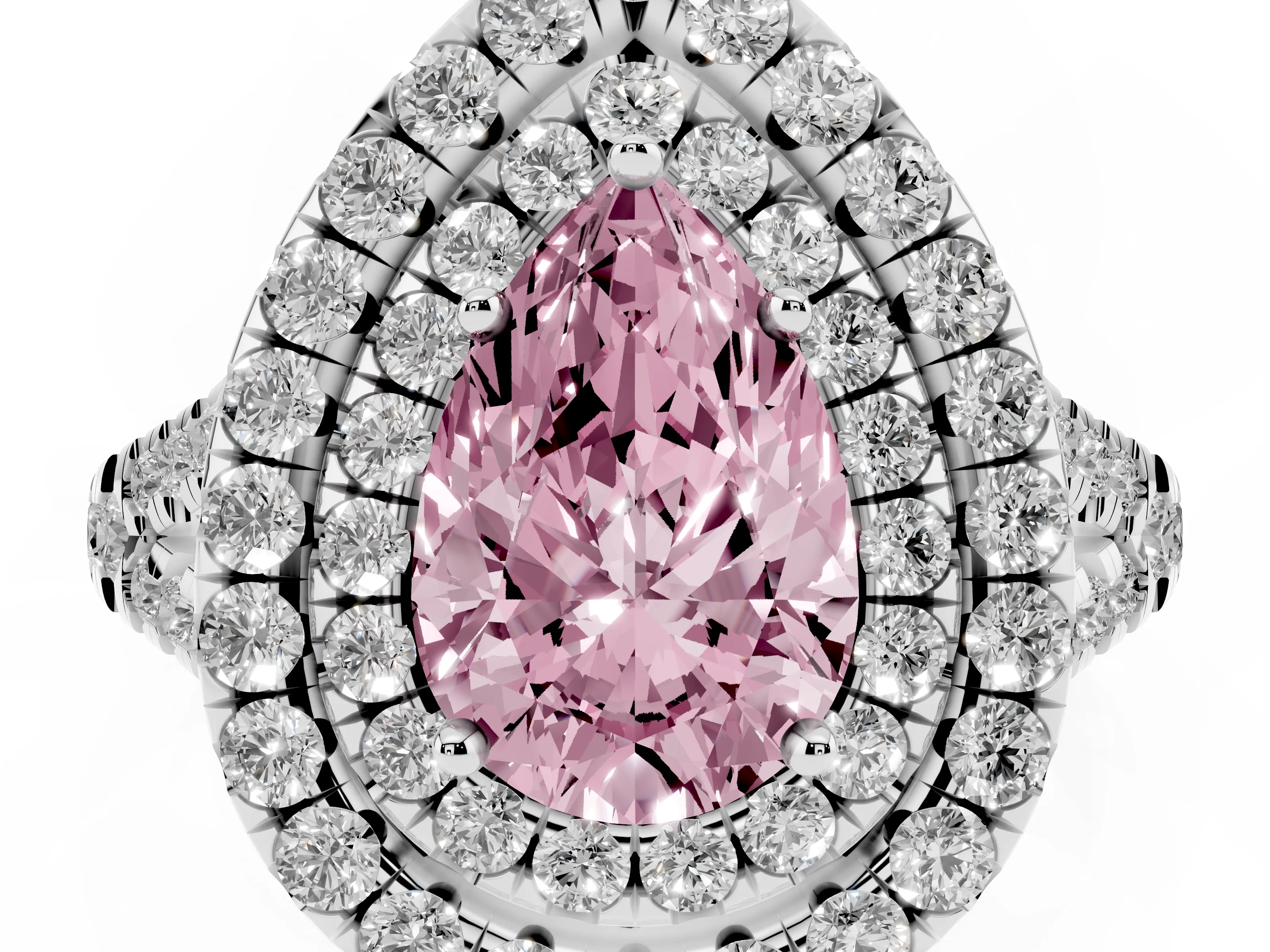 Fancy Pink Pear Cut Diamond Double Halo Ring Set in Silver with Pavé Split Shank and Prong Setting