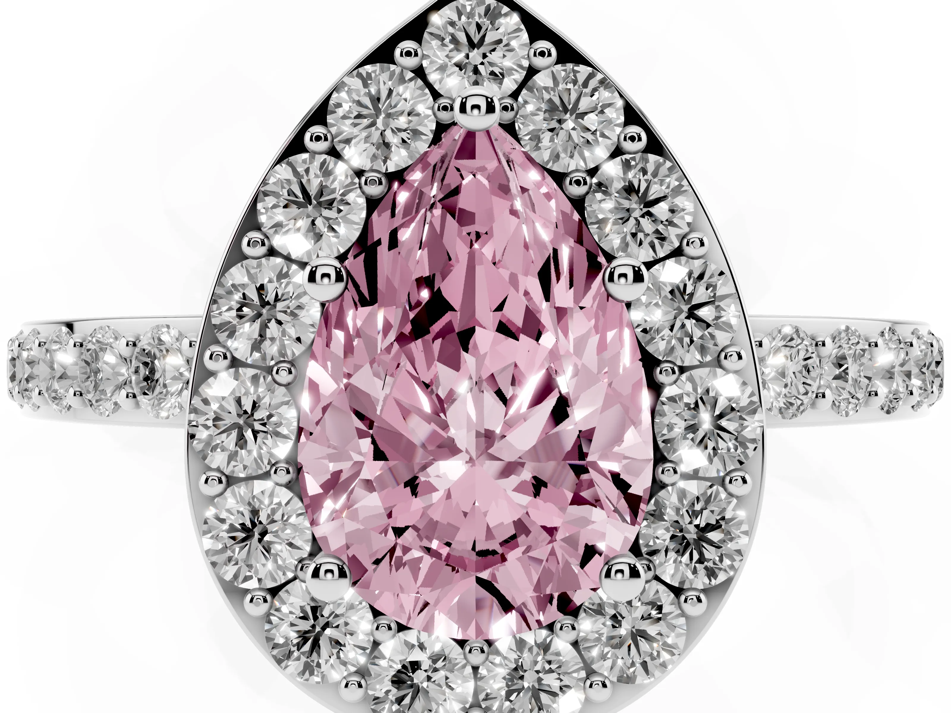 Fancy Pink Pear Cut Diamond Halo Ring Set in Platinum with Pavé-Setting Band and Open Prong Center