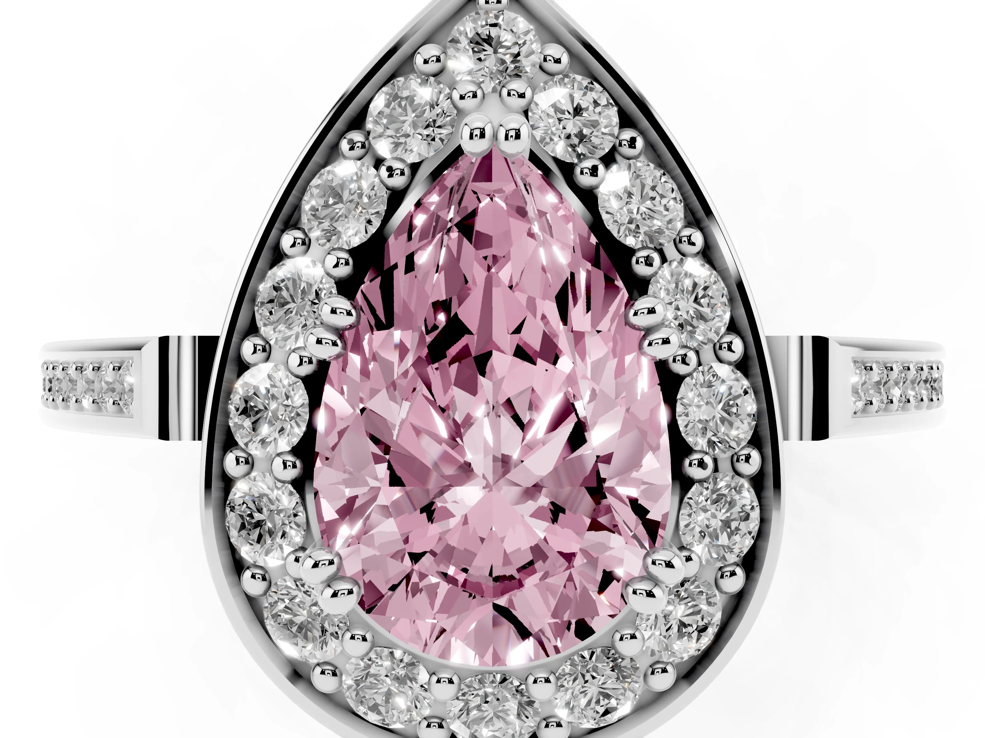 Fancy Pink Pear Cut Diamond Halo Ring Set in Platinum with Accent-Lined Split Shank and Prong Setting