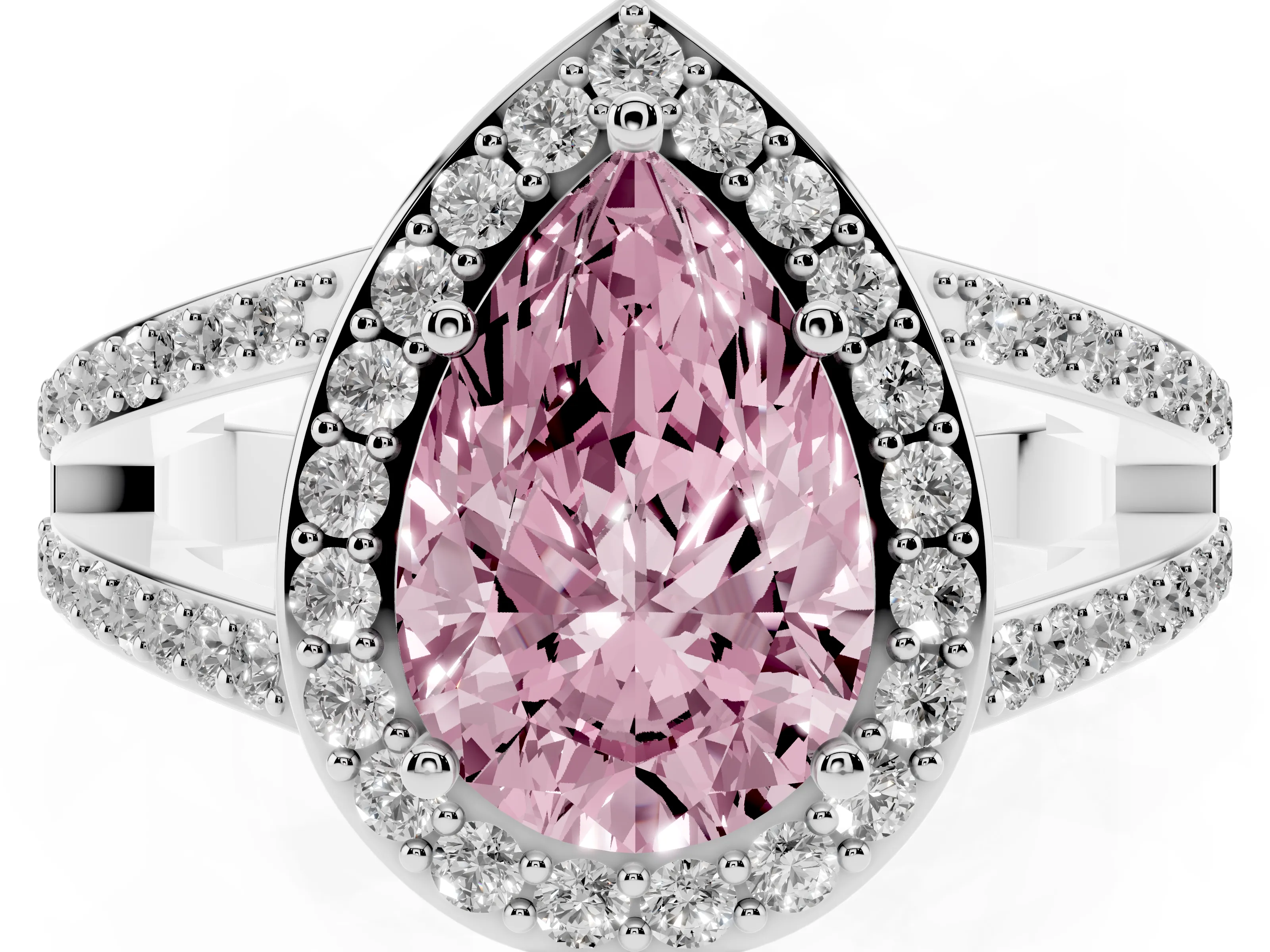 Fancy Pink Pear Cut Diamond Halo Ring Set in Silver with U-Prong Split Shank and Prong Setting