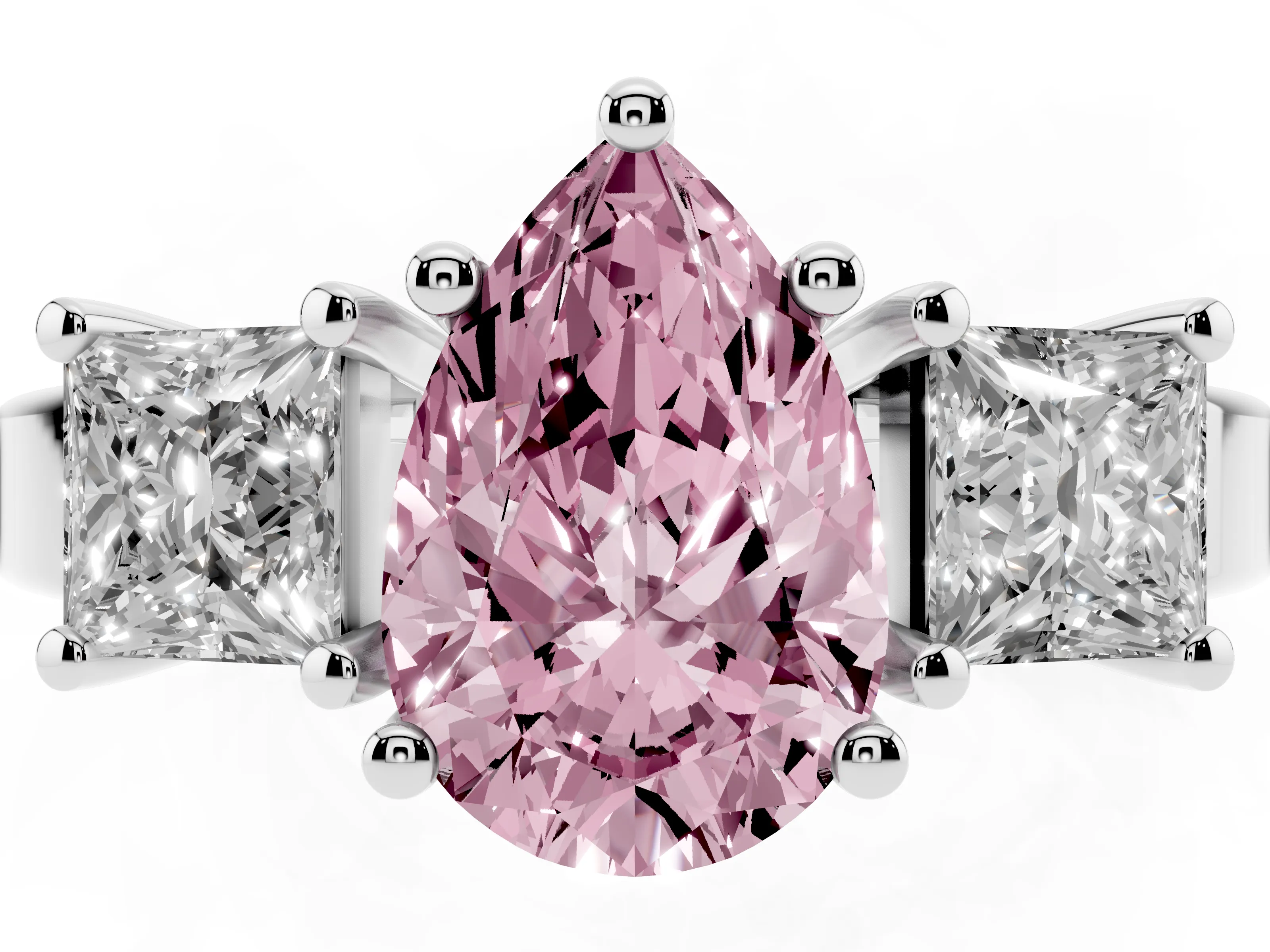 Fancy Pink Three-Stone Pear Cut Diamond Solitaire Ring Set in Platinum with Prong Setting