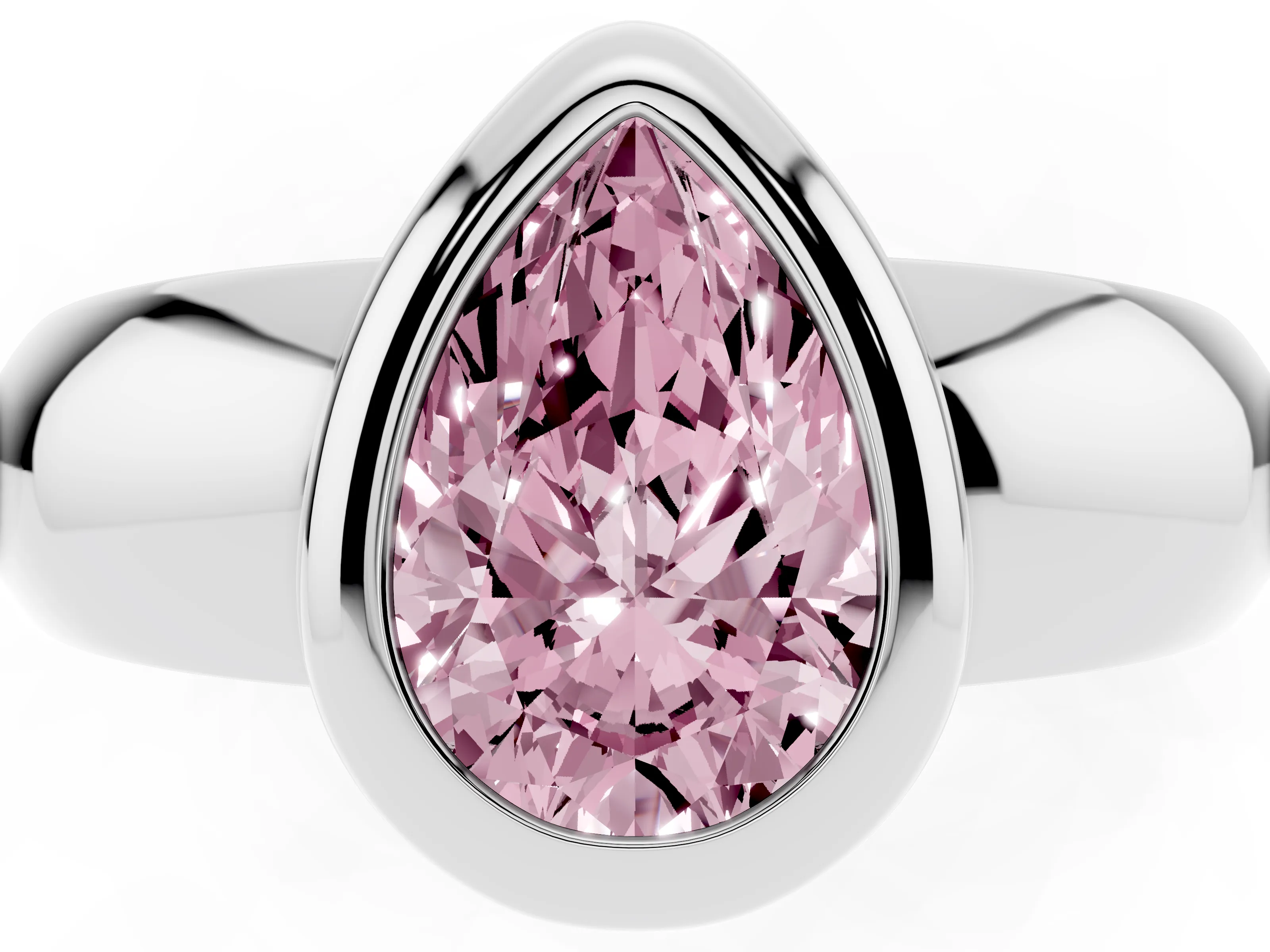 Fancy Pink Bezel Set Pear Cut Diamond Solitaire Ring Set in Platinum with Wide Band