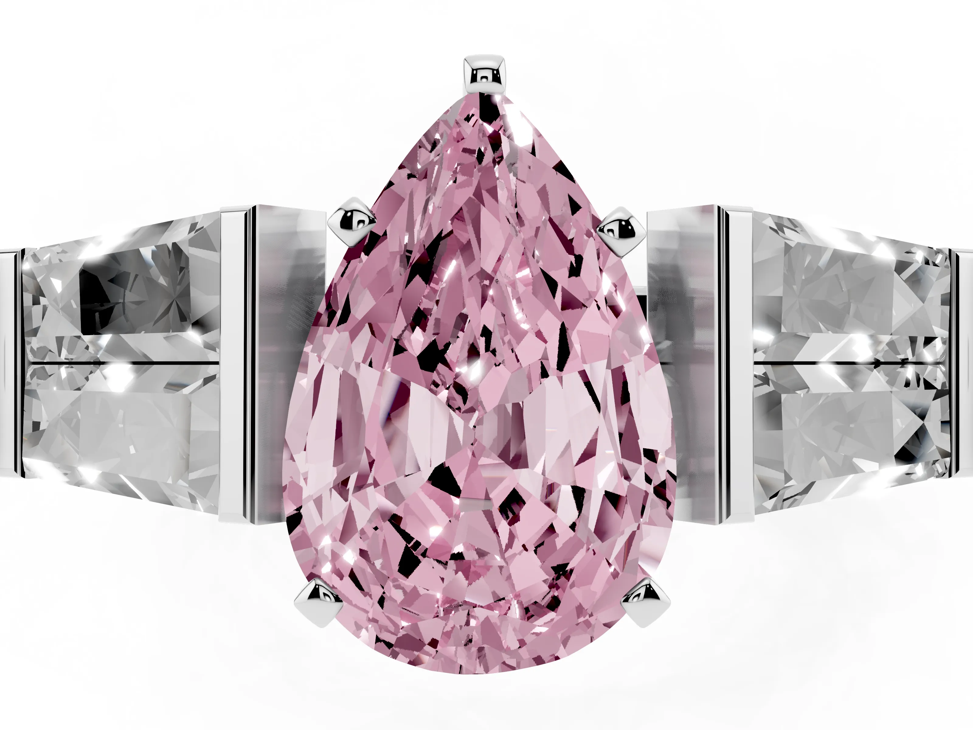 Fancy Pink Pear Cut Diamond Engagement Ring Set in White gold with Baguette Side Stones and Channel Set Band