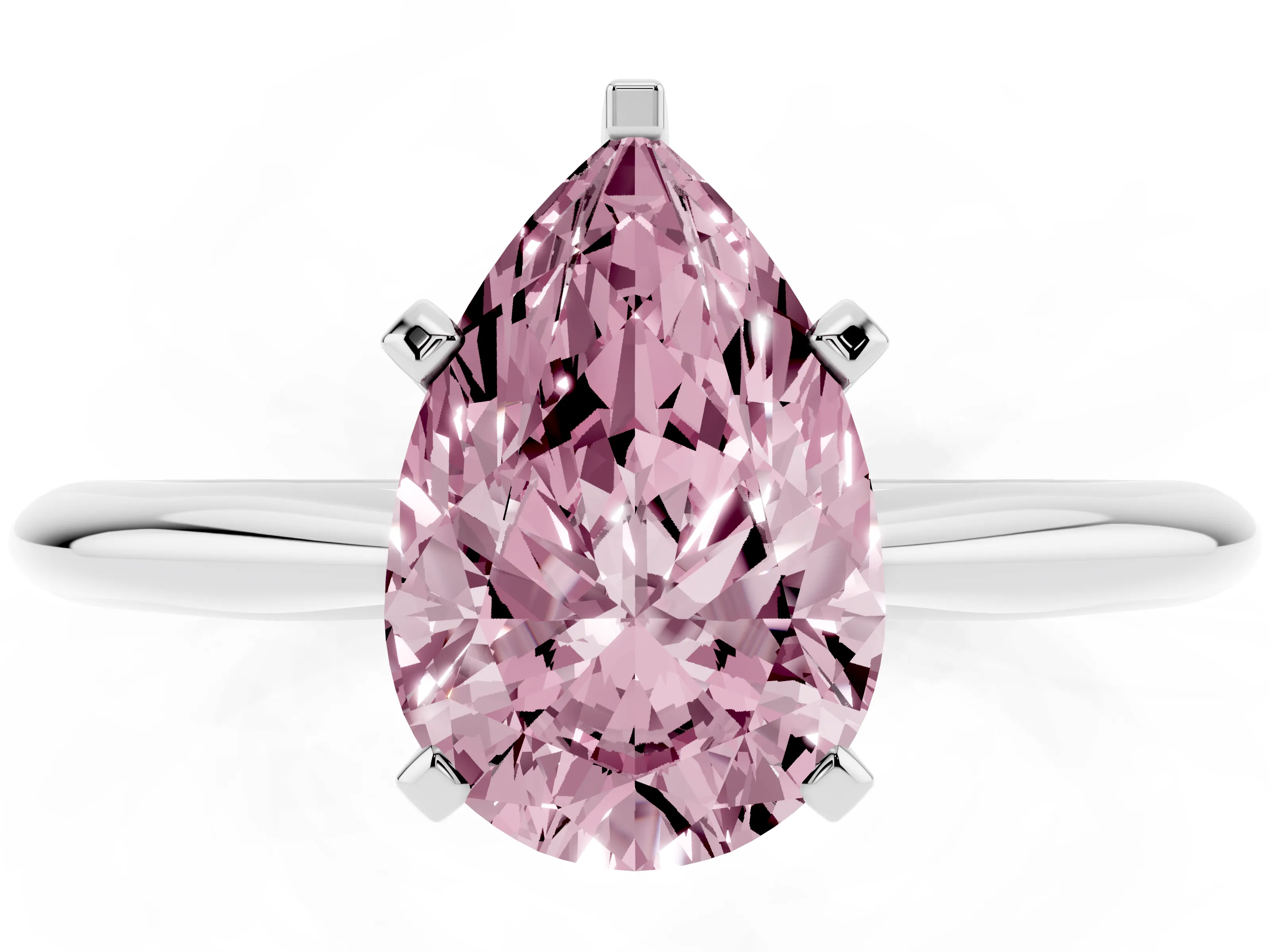 Fancy Pink Pear Cut Diamond Solitaire Ring Set in Silver with Prong Setting on a Plain Round Band
