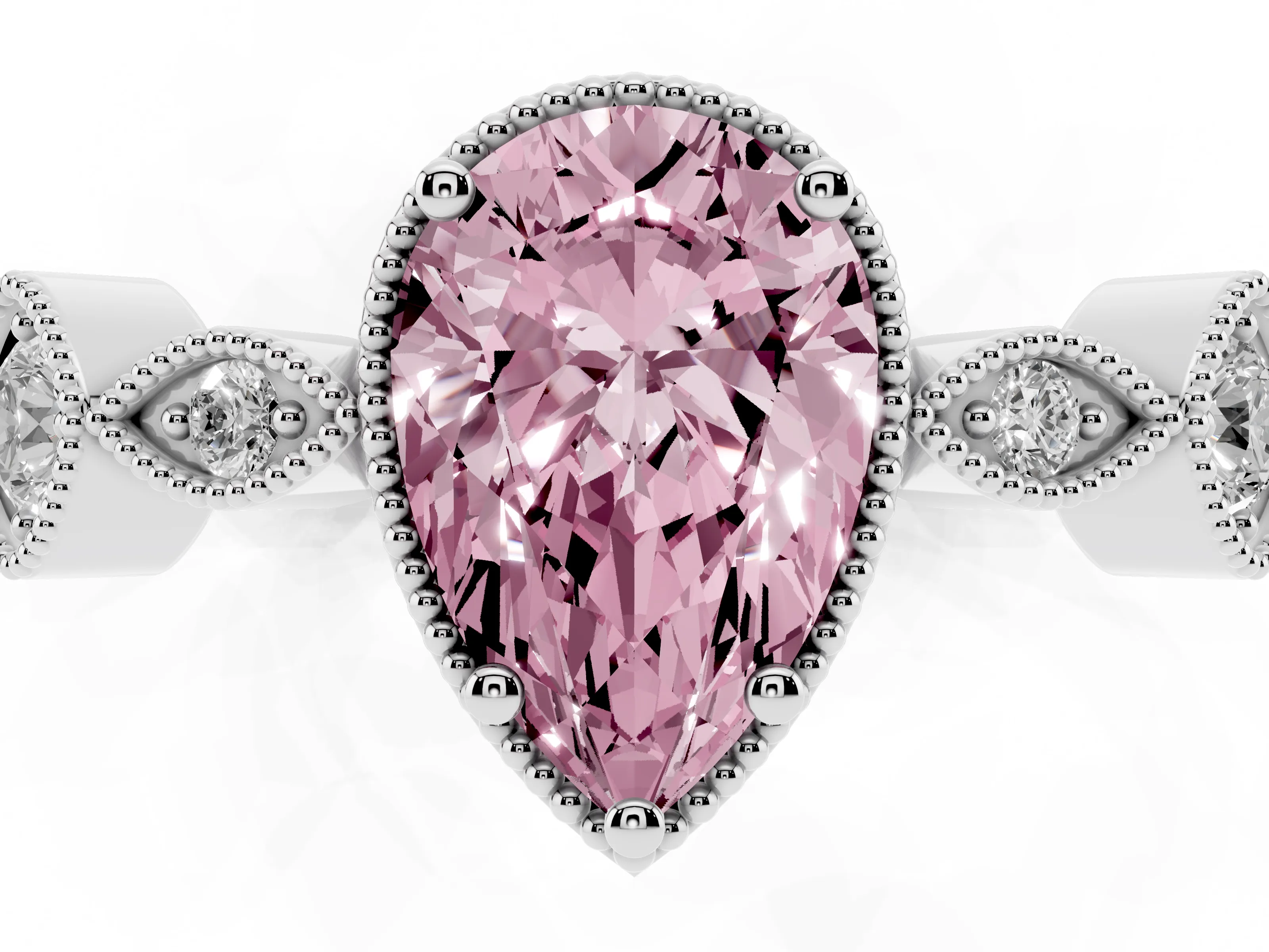 Fancy Pink Pear Cut Diamond Vintage-Inspired Milgrain Ring Set in Silver with Marquise Stations of Round Accents