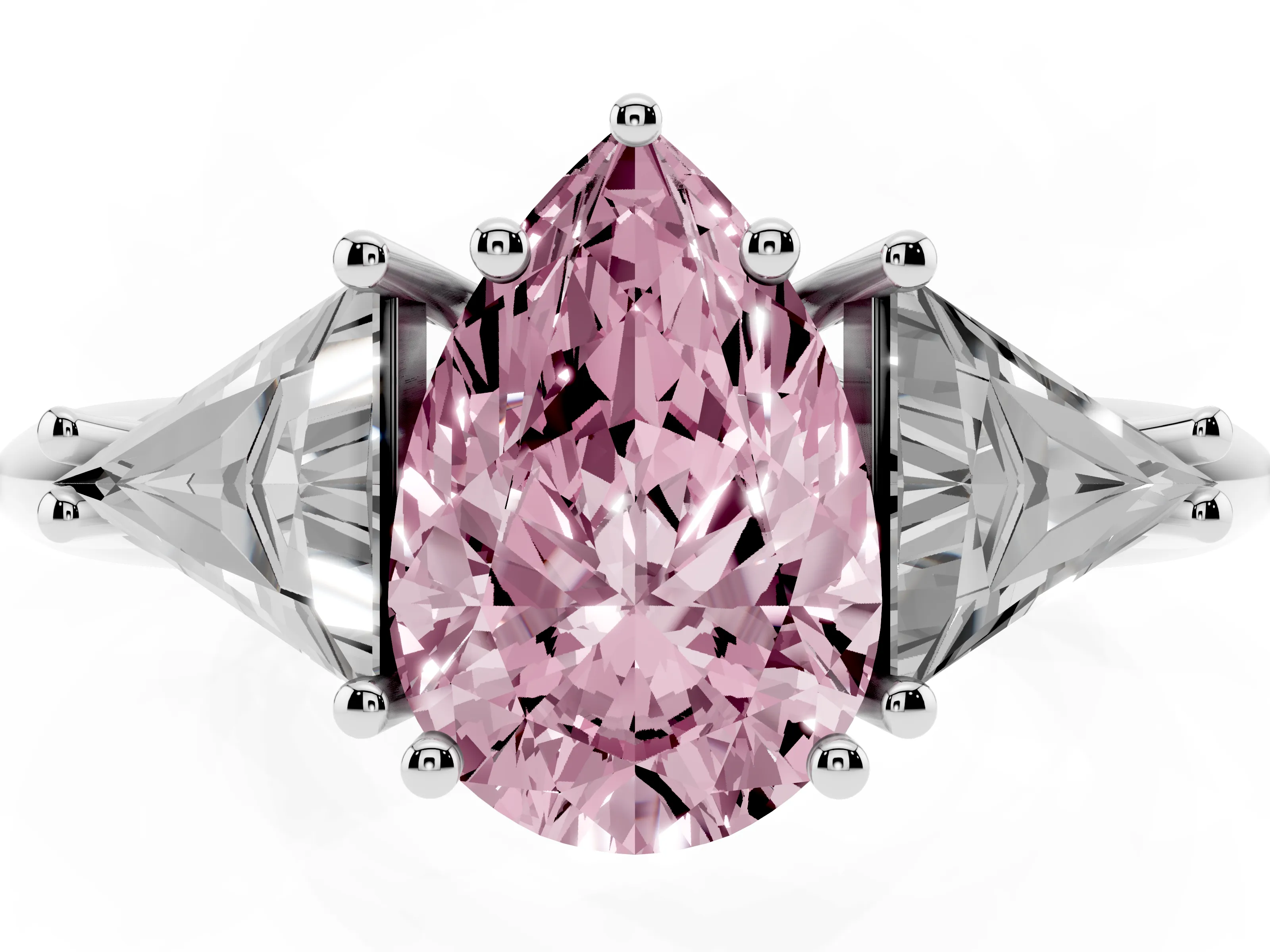 Fancy Pink Pear Cut Diamond Three-Stone Engagement Ring Set in Platinum with Trillion Side Stones