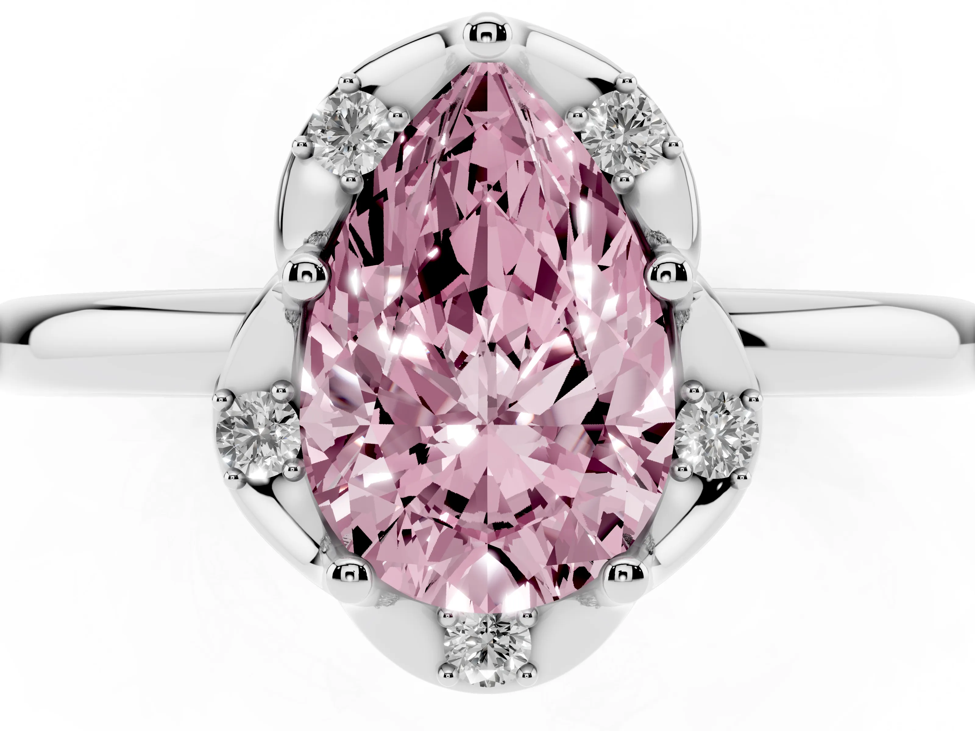 Fancy Pink Pear Cut Diamond Round Cluster Halo Ring Set in White gold with Solitaire Band and Prong Setting