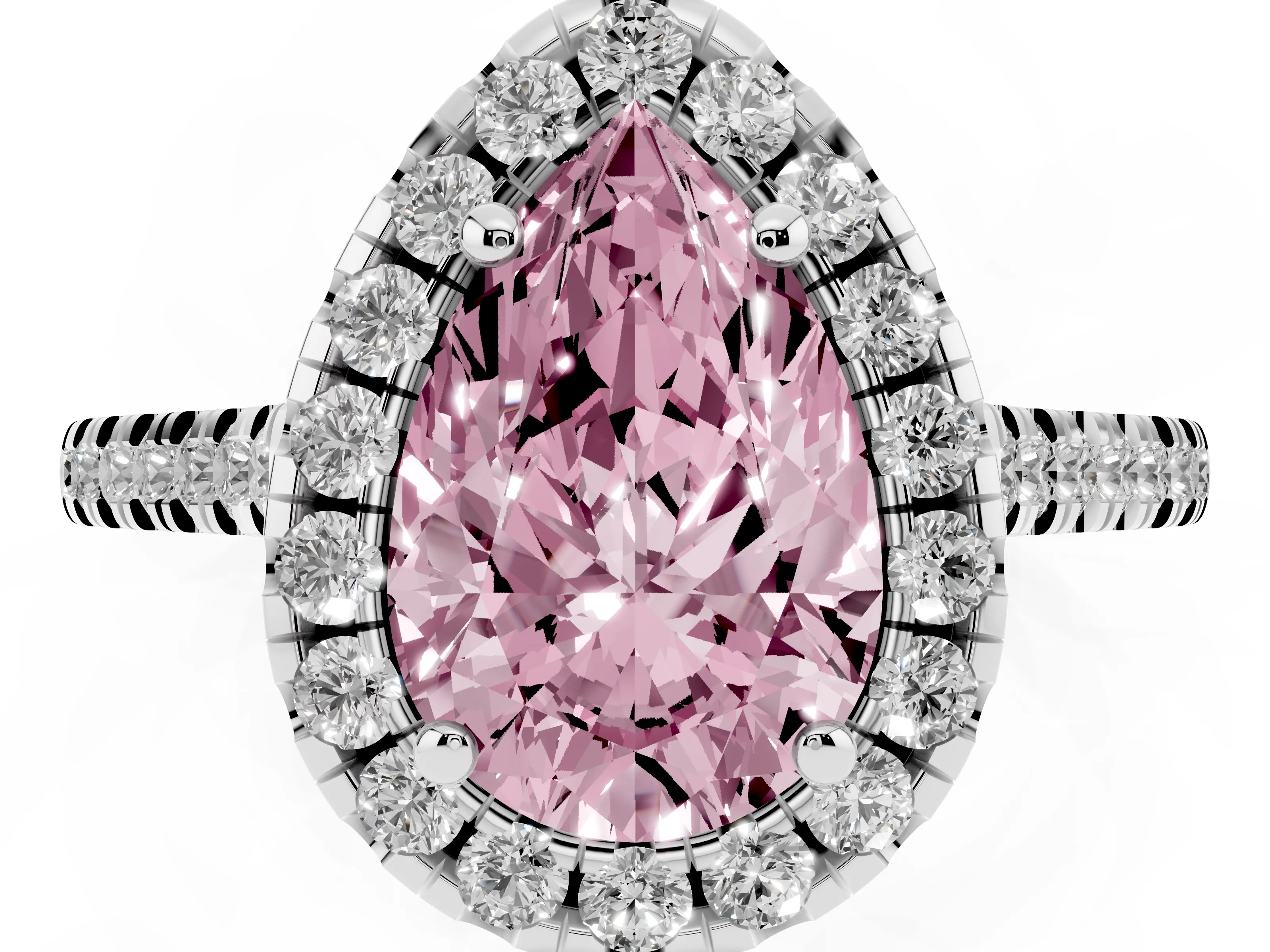 Fancy Pink Pear Cut Diamond Cushion Halo Ring Set in Platinum with Pavé Band