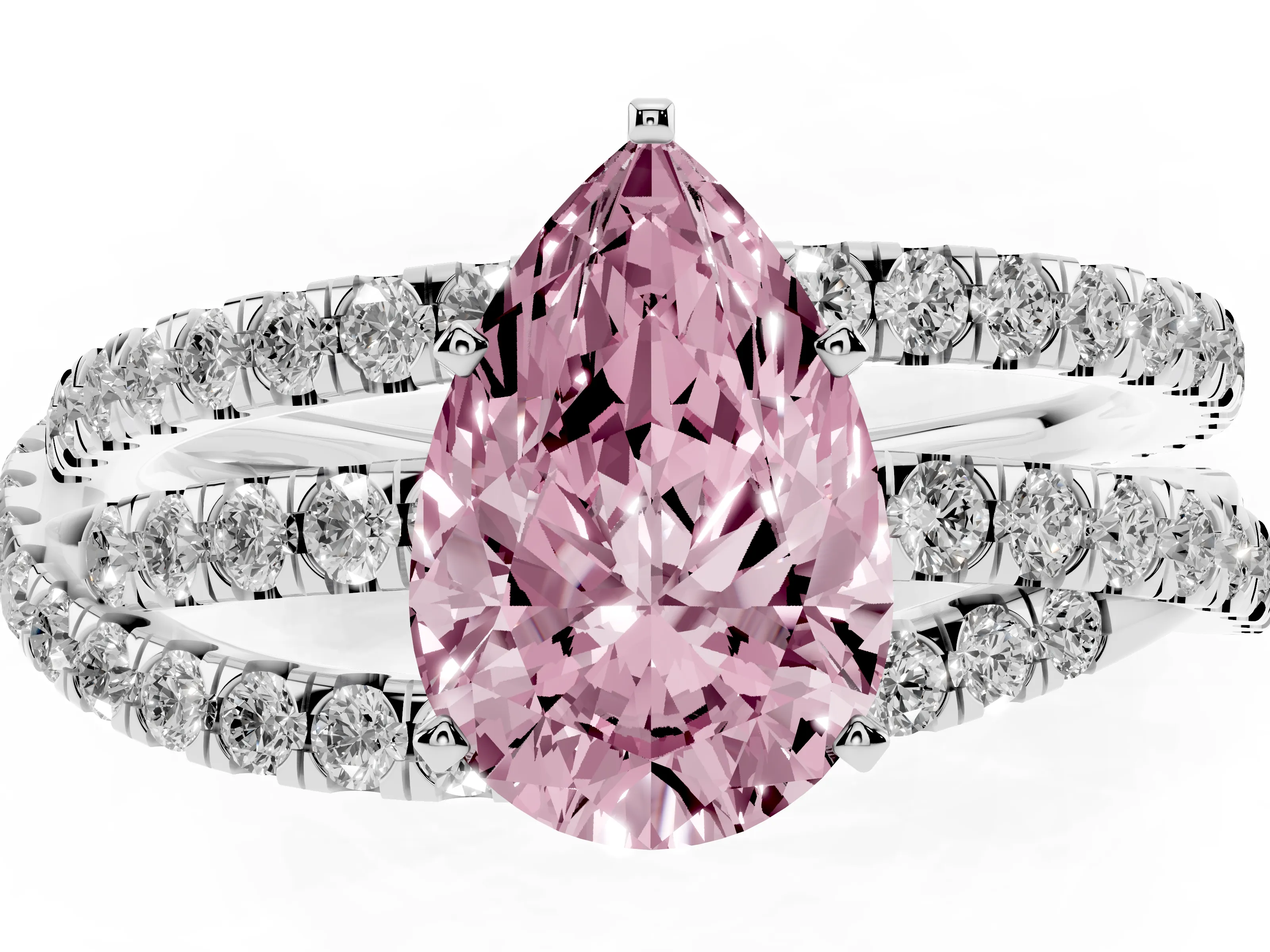 Fancy Pink Pear Cut Diamond Solitaire Twist Band Ring Set in Platinum with Pavé Setting and Prong Head