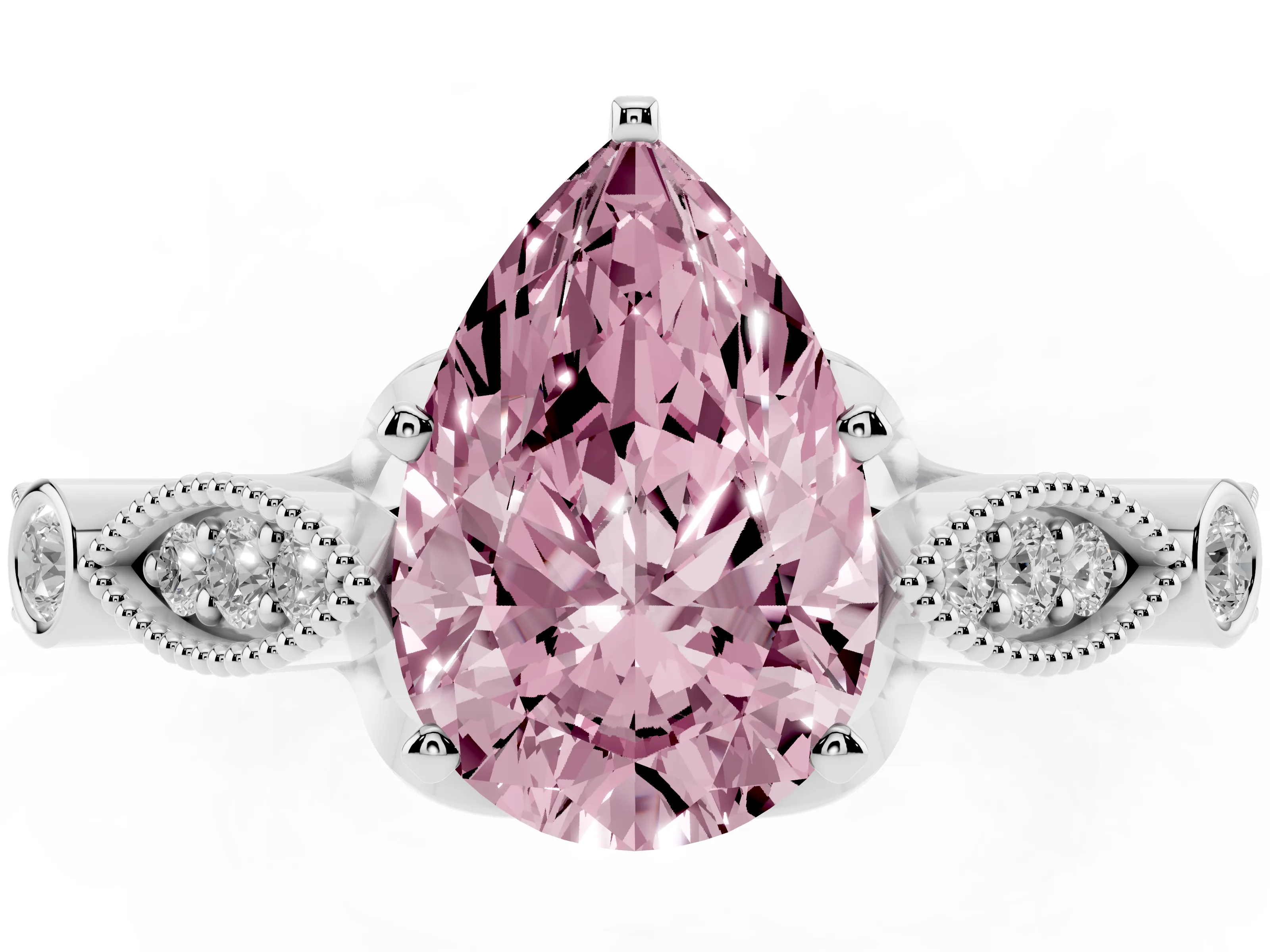 Fancy Pink Pear Cut Diamond Solitaire Ring Set in White gold with Milgrain Marquise and Bezel Accents