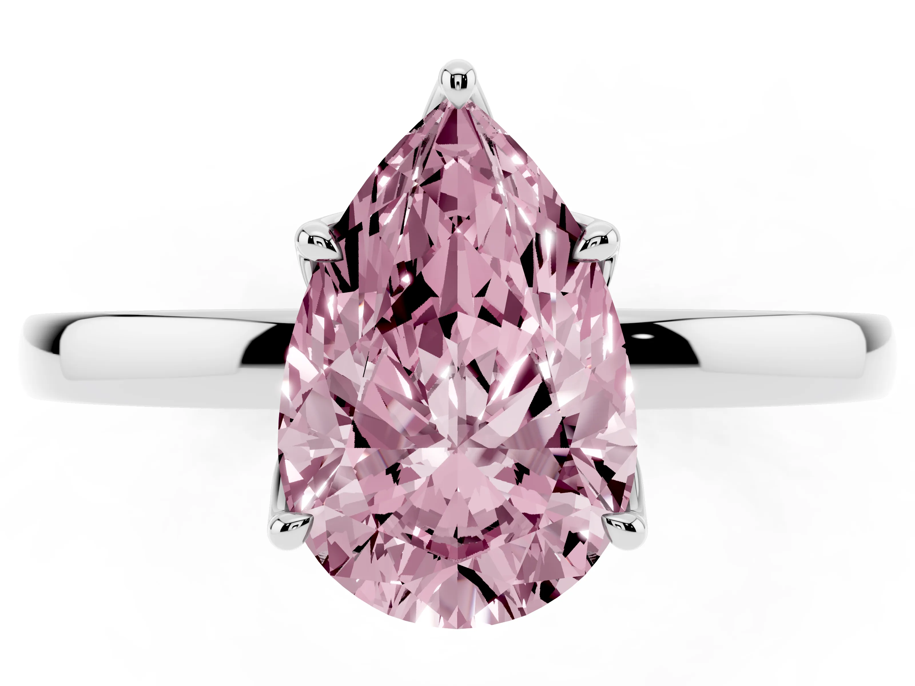Fancy Pink Pear Cut Diamond Solitaire Ring Set in Platinum with Prong Setting and Thin Polished Band