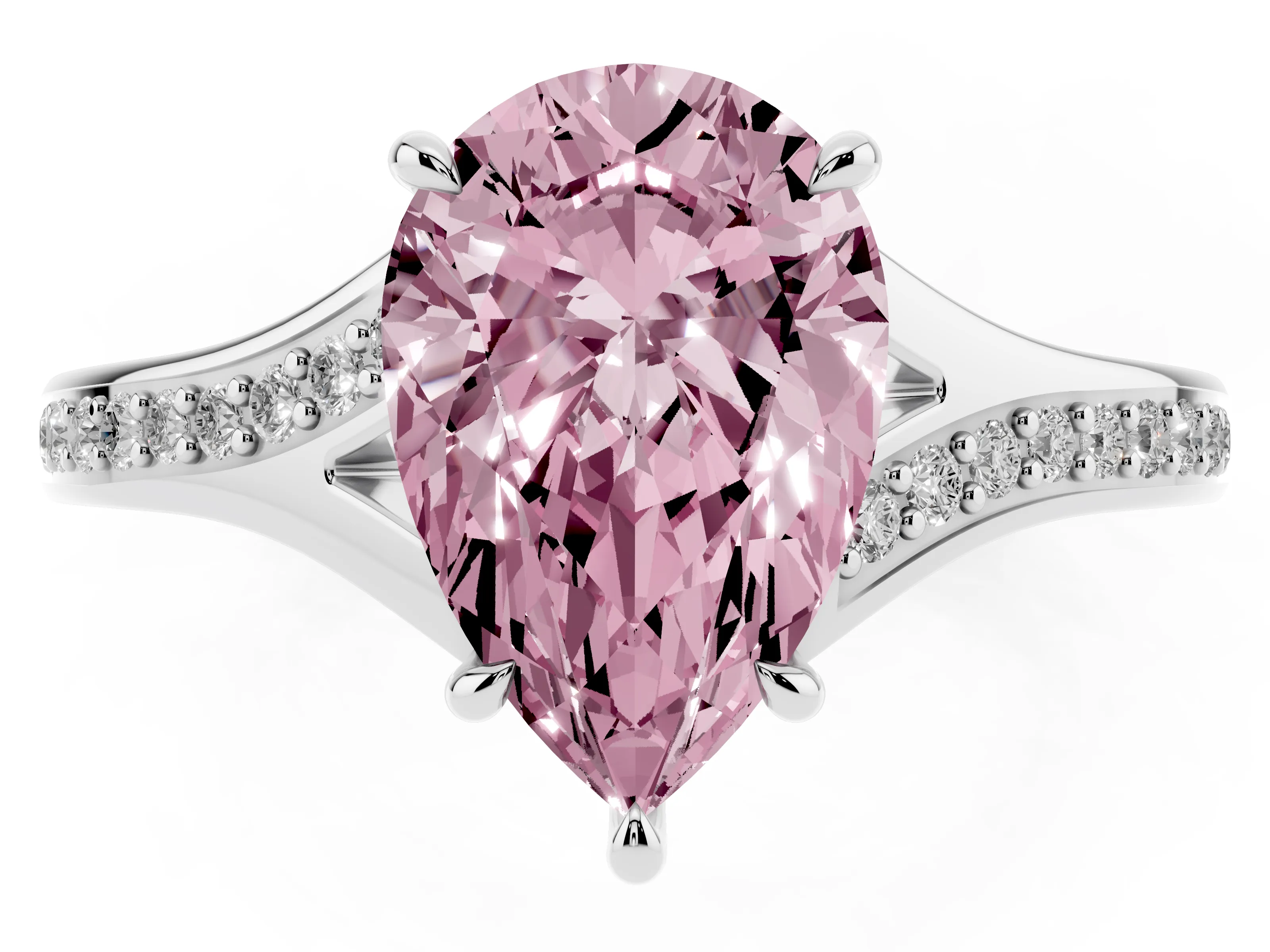 Fancy Pink Pear Cut Diamond Solitaire Ring Set in Platinum with Pavé Accent Band and Classic Prong Setting