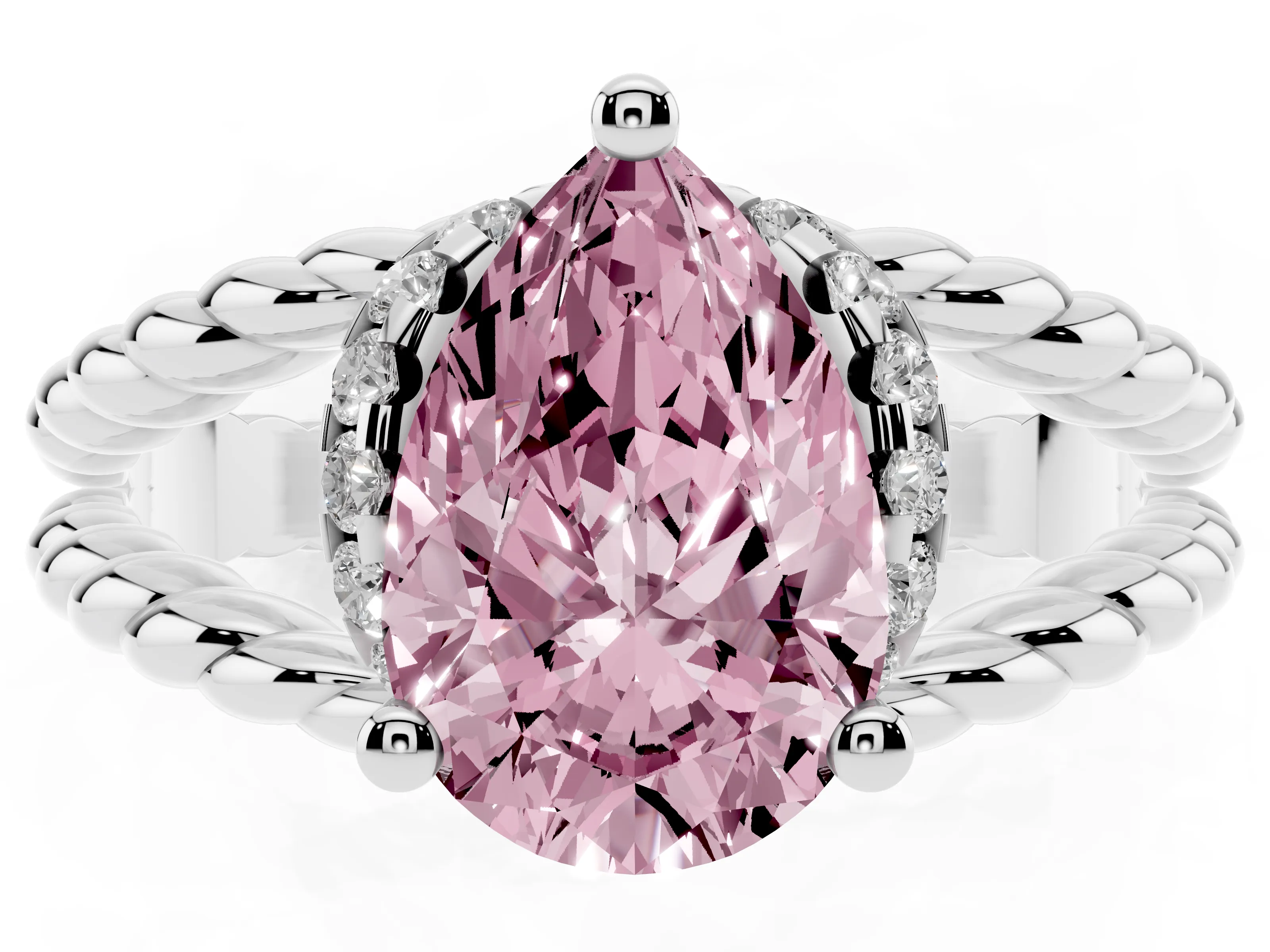 Fancy Pink Pear Cut Diamond Halo Ring Set in White gold with Twisted Band and Prong Setting