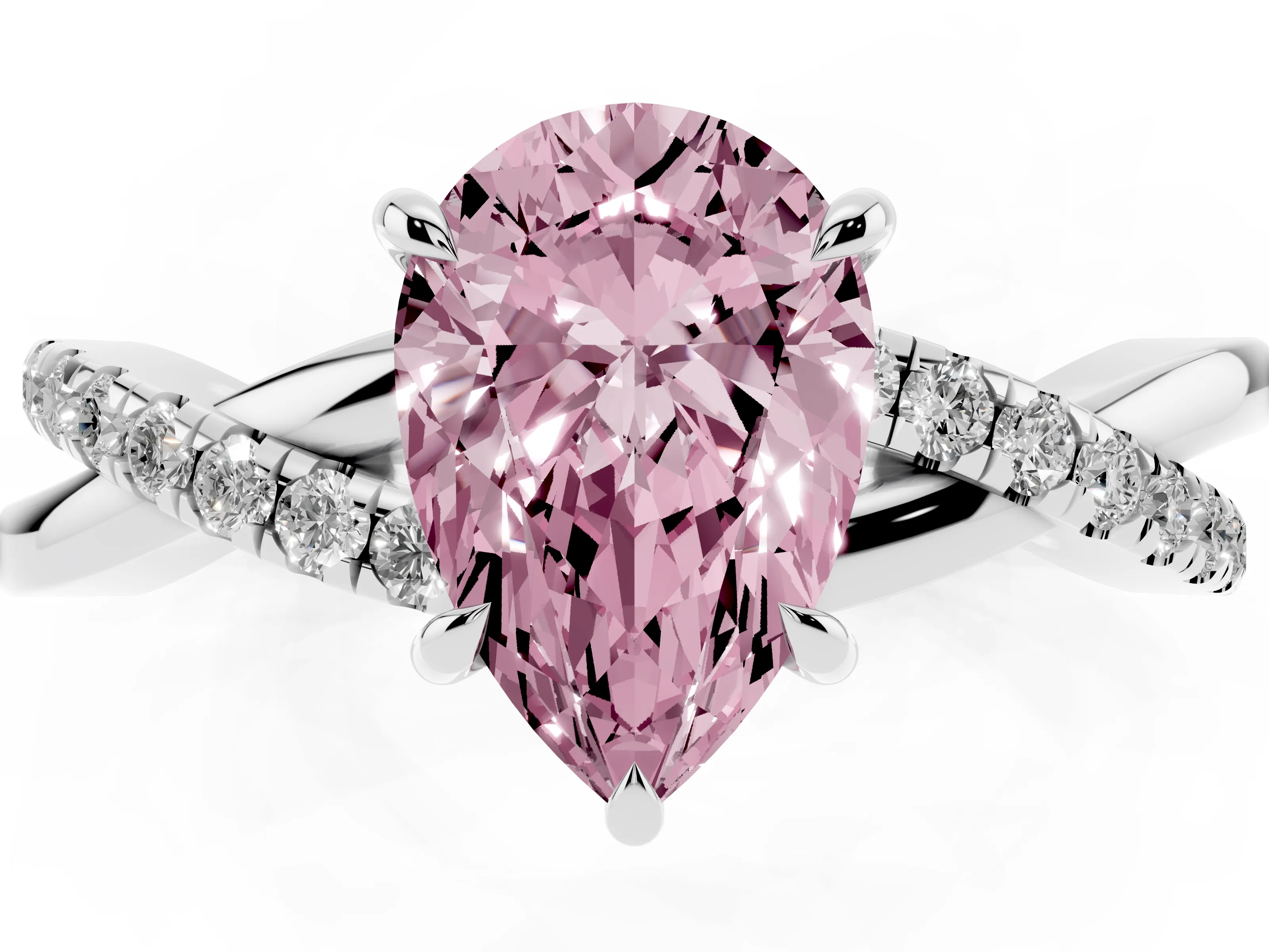 Fancy Pink Pear Cut Diamond Twisted Pavé Band Ring Set in Silver with Prong Setting
