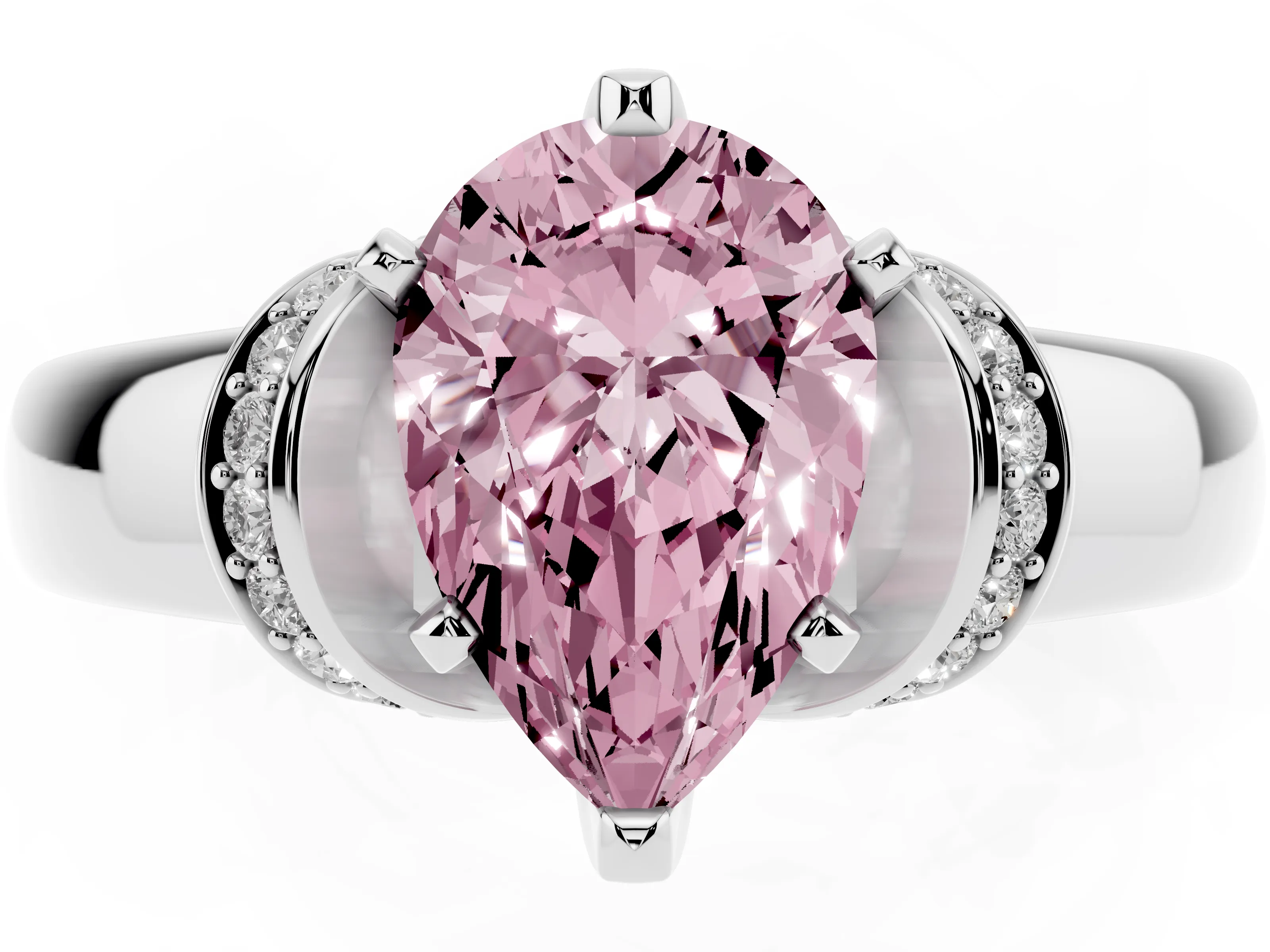 Fancy Pink Pear Cut Diamond Pavé Band Solitaire Ring Set in Silver with Prong Setting