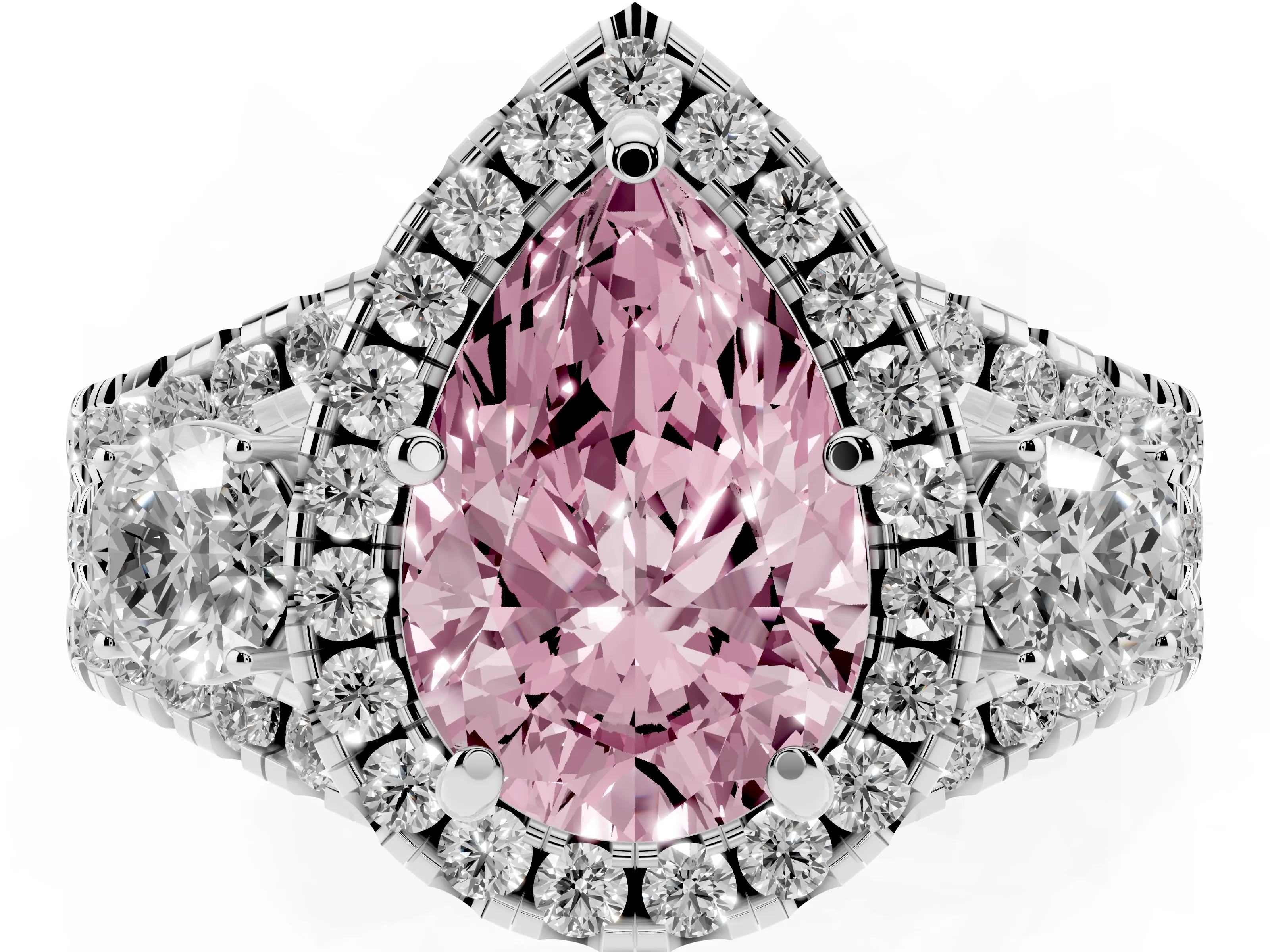 Fancy Pink Pear Cut Diamond Halo Split Shank Ring Set in White gold with Round Accent Stones and Prong Setting