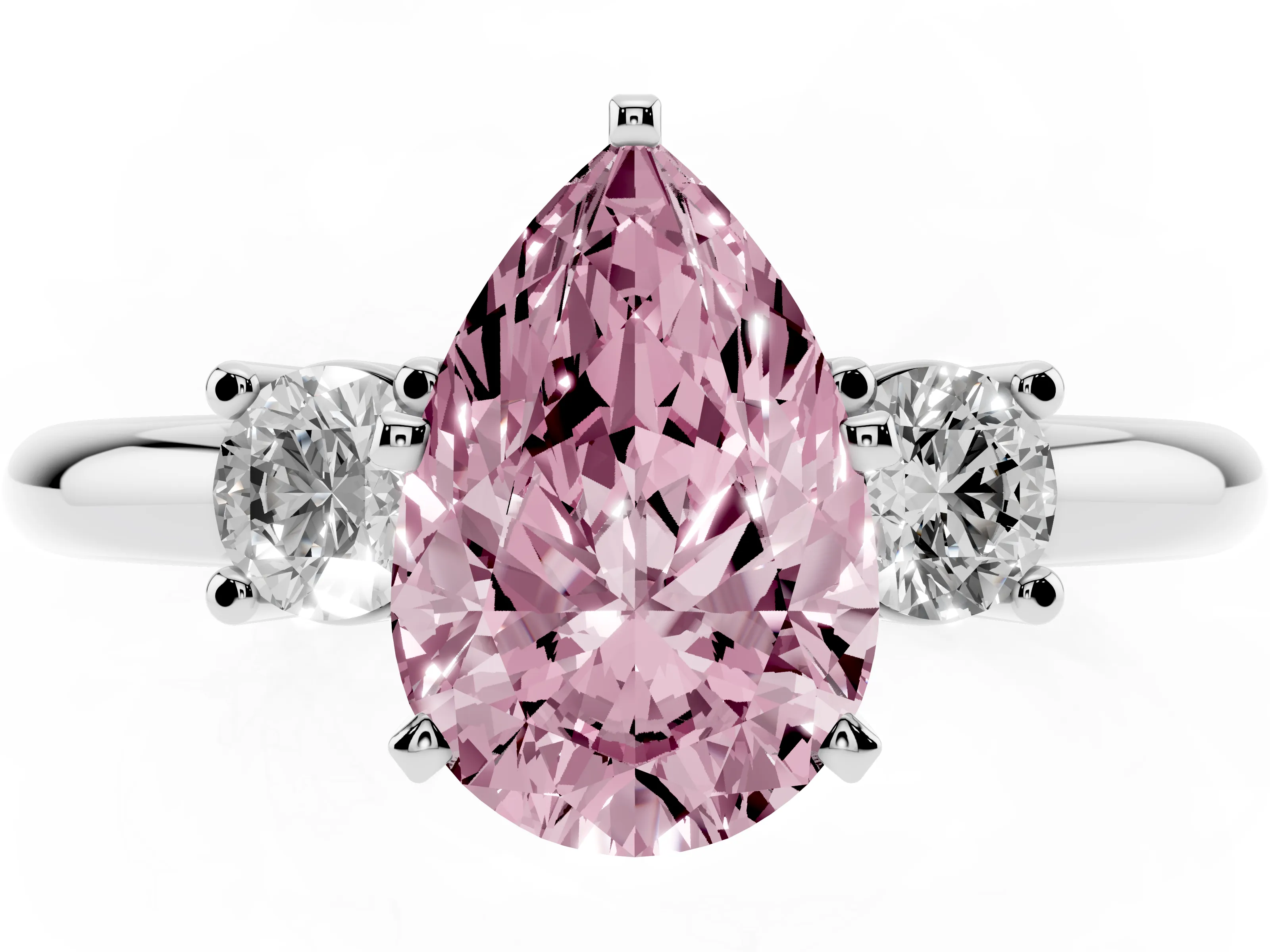 Fancy Pink Three-Stone Pear Cut Diamond Ring Set in Silver with Prong Setting and Plain Band