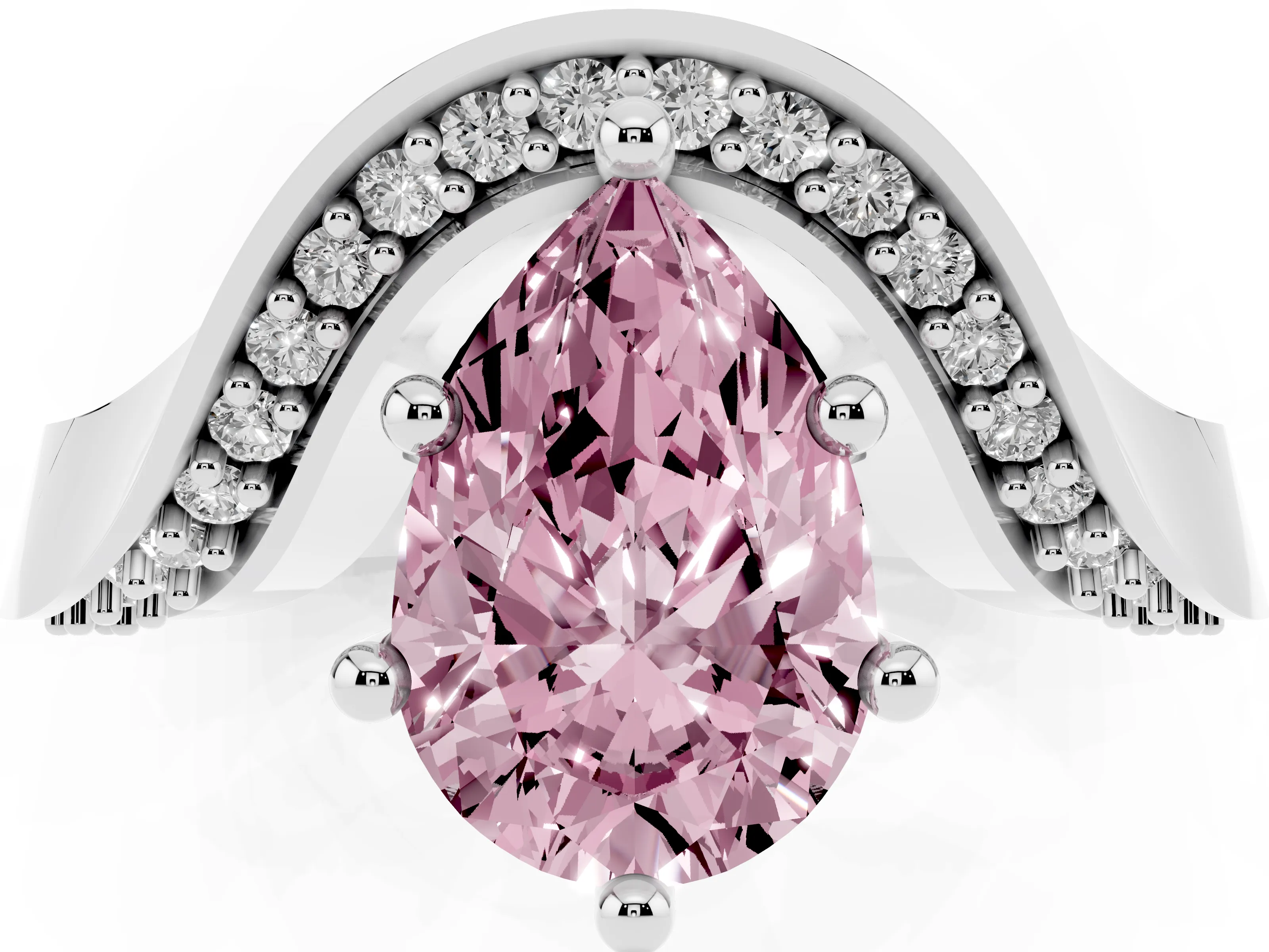 Fancy Pink Pear Cut Diamond Solitaire Engagement Ring Set in White gold with Pavé Shoulders