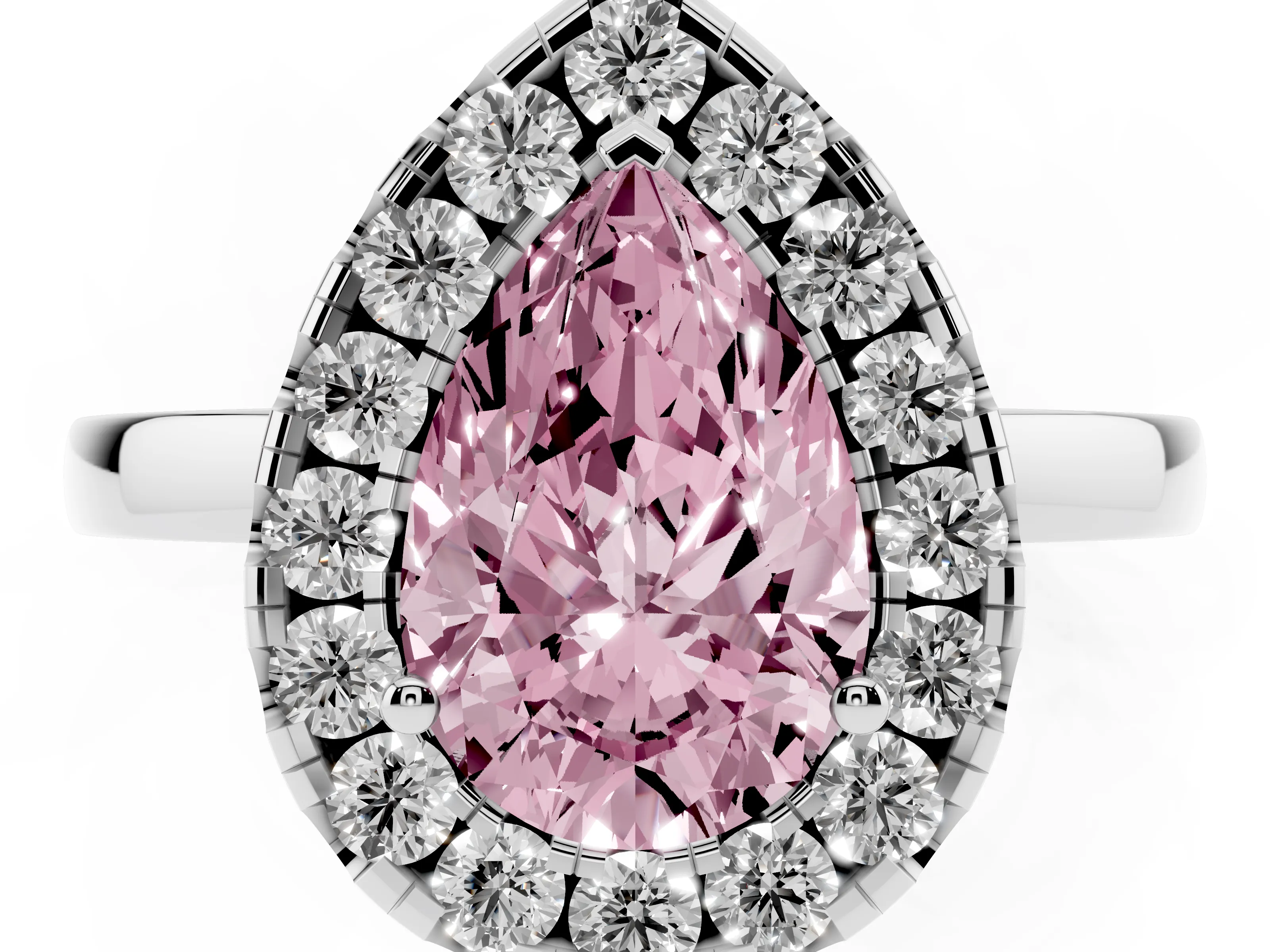 Fancy Pink Pear Cut Diamond Halo Solitaire Ring Set in Silver with Pavé Band and Prong Setting