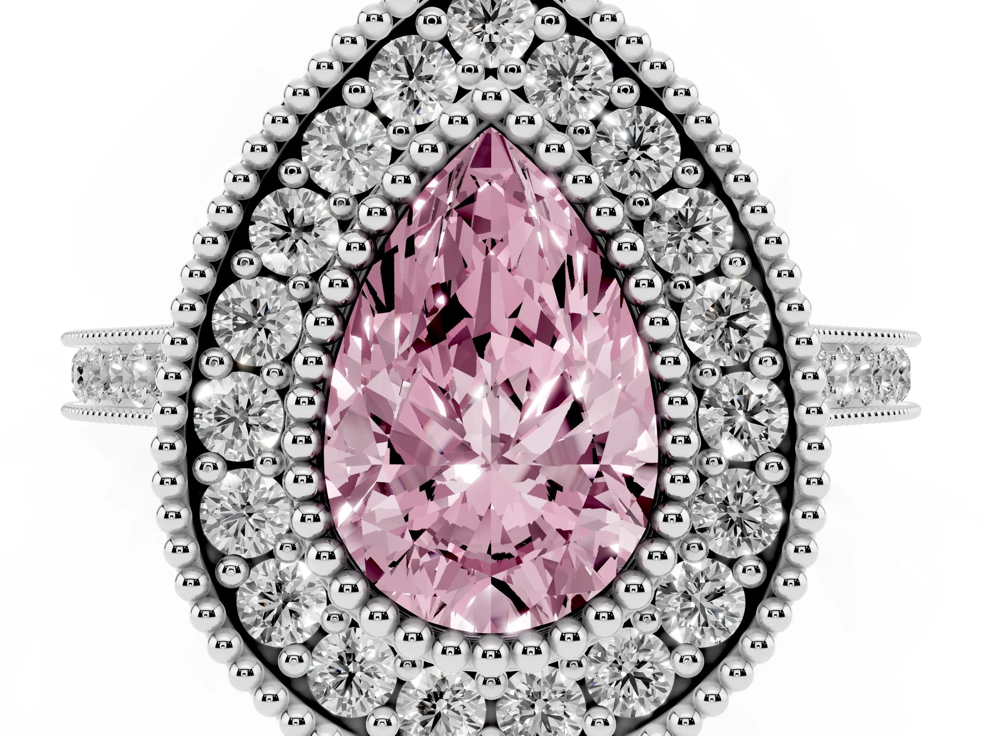 Fancy Pink Pear Cut Diamond Halo Ring Set in Silver with Milgrain Frame and Pavé Band