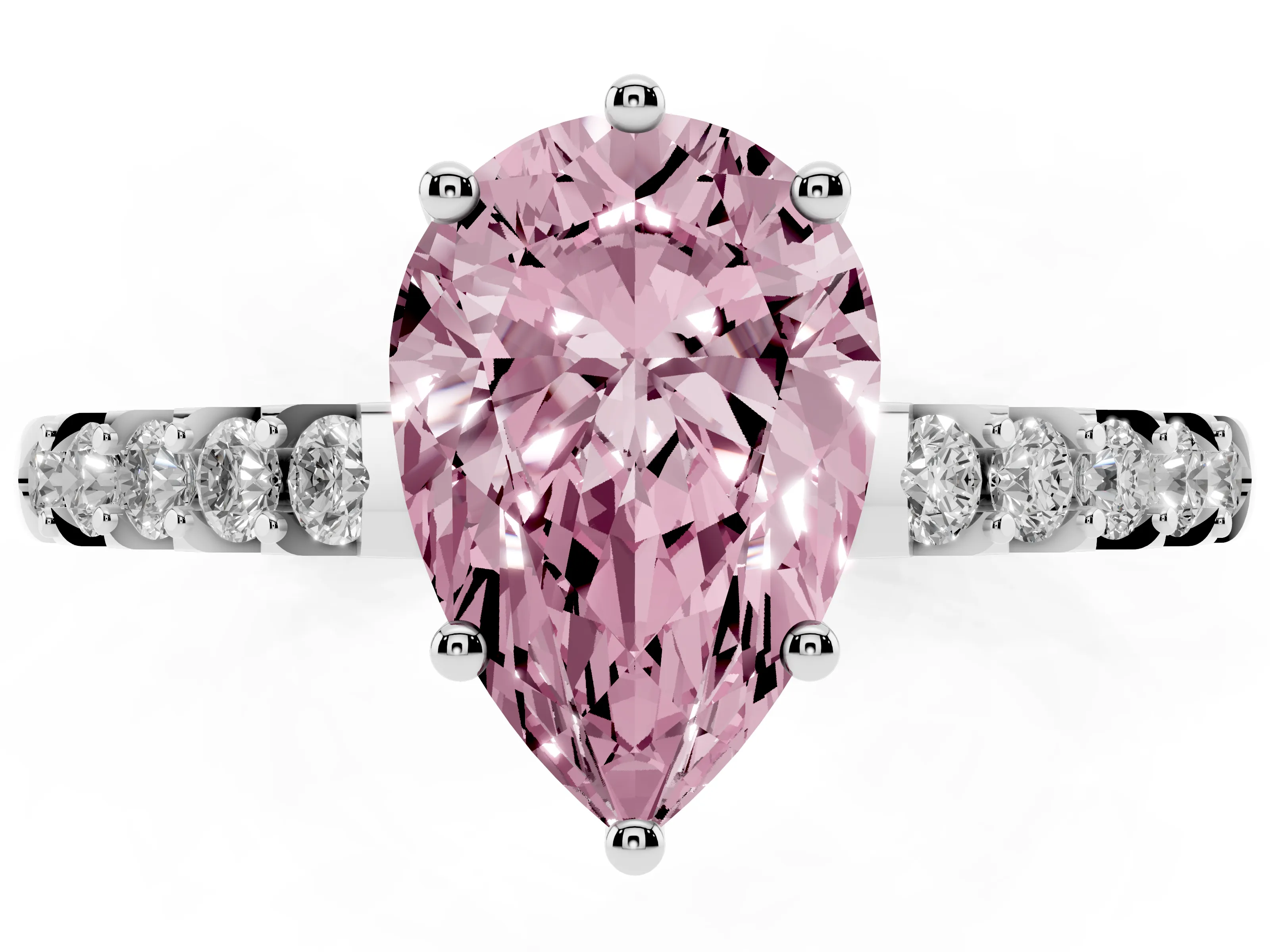Fancy Pink Pear Cut Diamond Solitaire Engagement Ring Set in Platinum with Pavé Band and Prong Setting