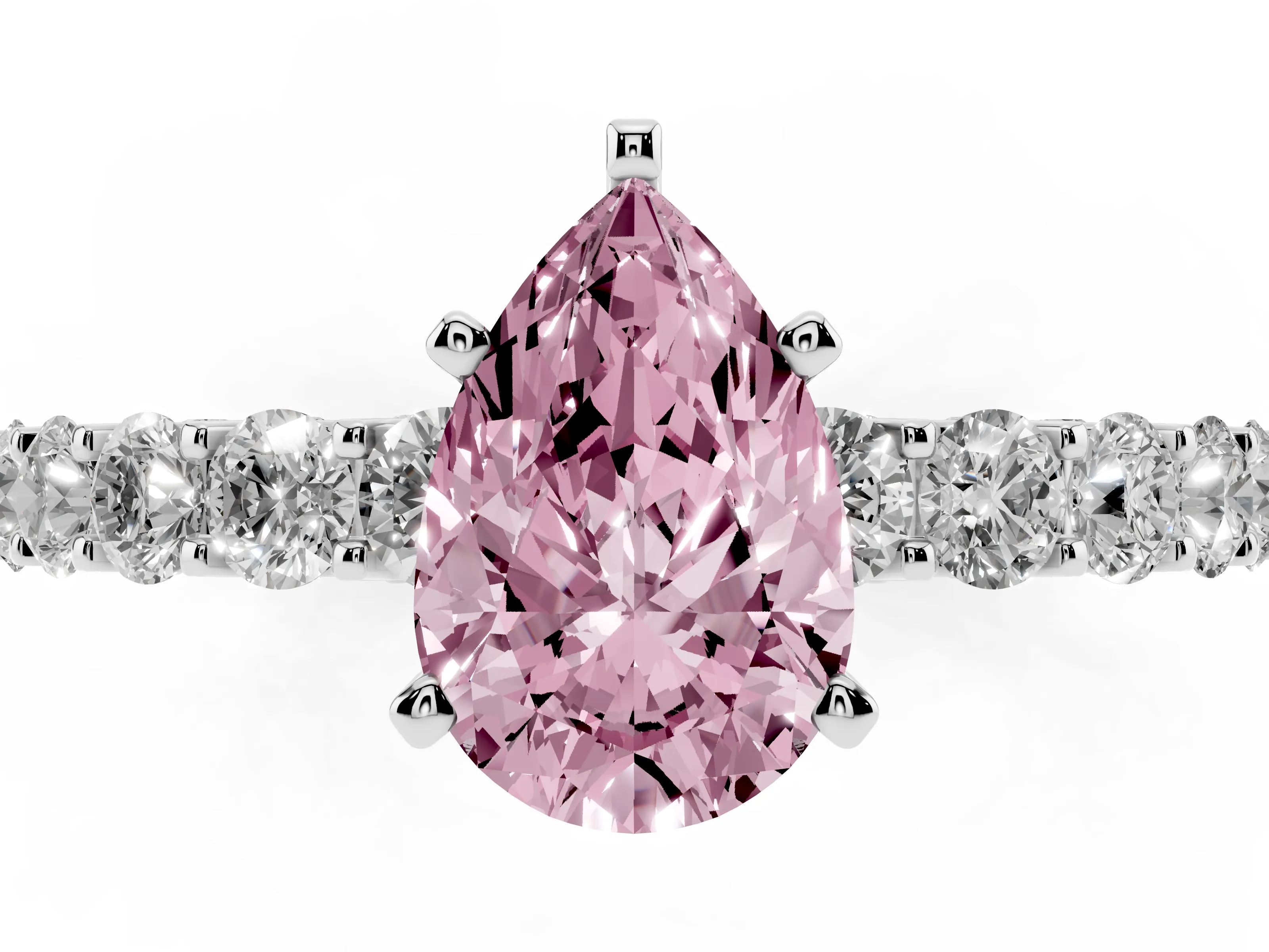 Fancy Pink Pear Cut Diamond Solitaire Ring Set in Silver with Shared Prong Pavé Band