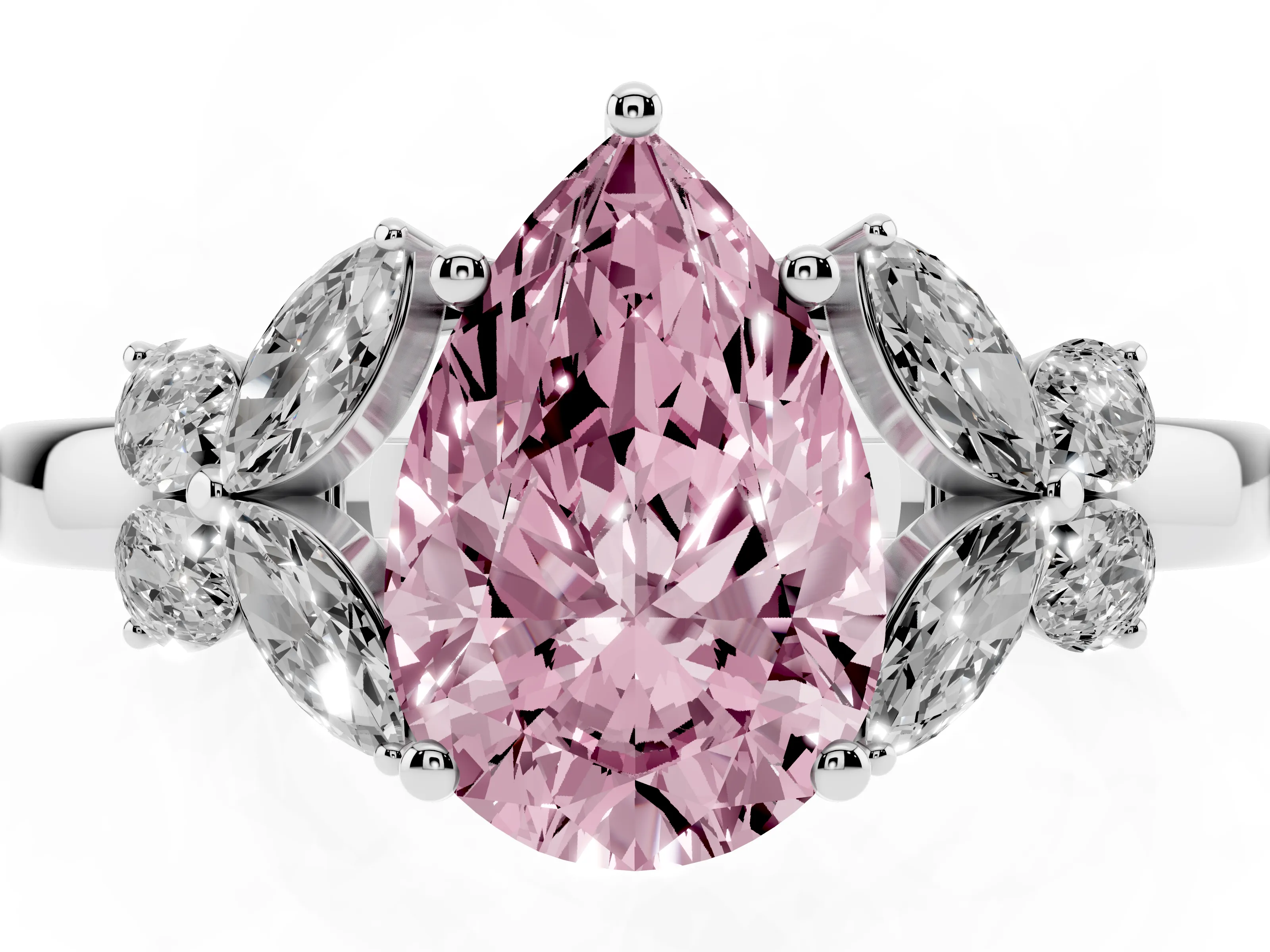 Fancy Pink Pear Cut Diamond Solitaire Floral Ring Set in Silver with Marquise Petals and Prong Setting