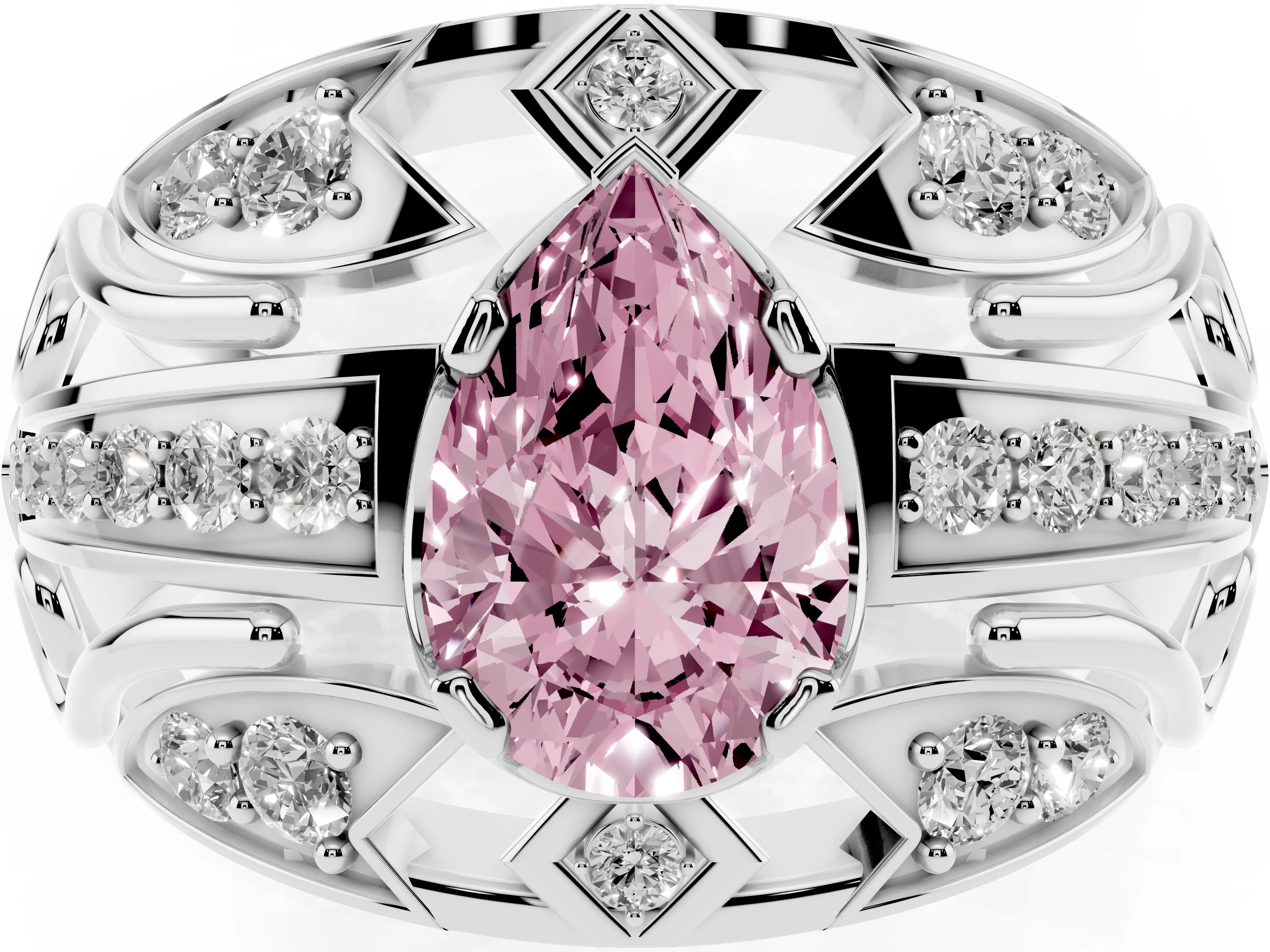 Fancy Pink Pear Cut Diamond Art Deco Ring Set in Platinum with Pavé Split Shank