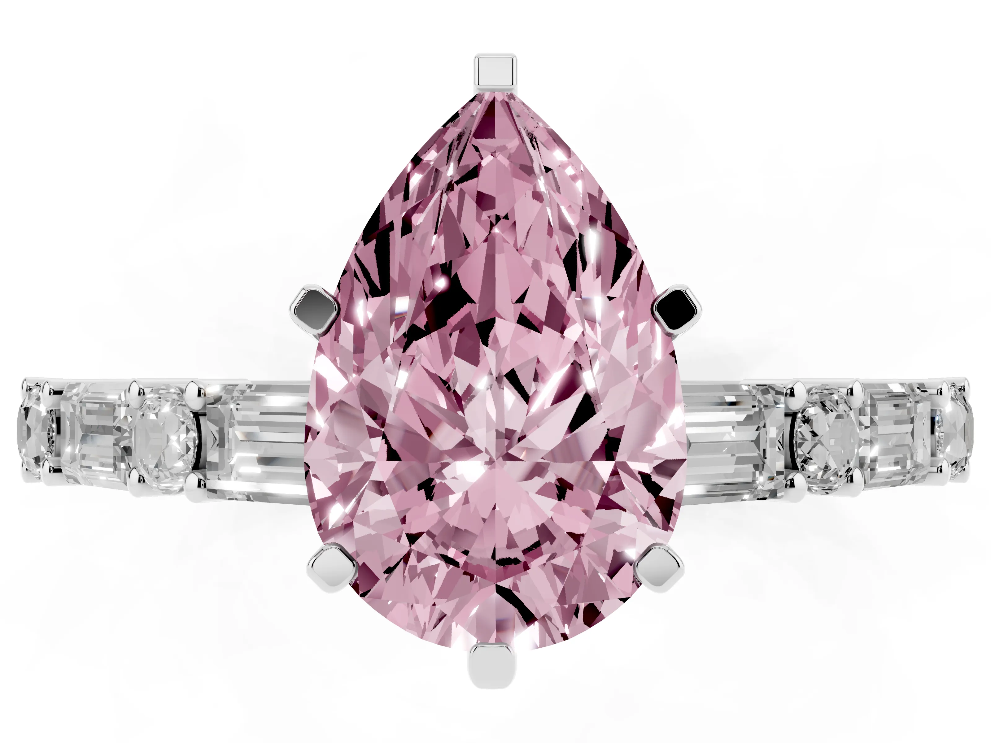 Fancy Pink Pear Cut Diamond Solitaire Set in White gold with Side Baguettes and Channel Set Band