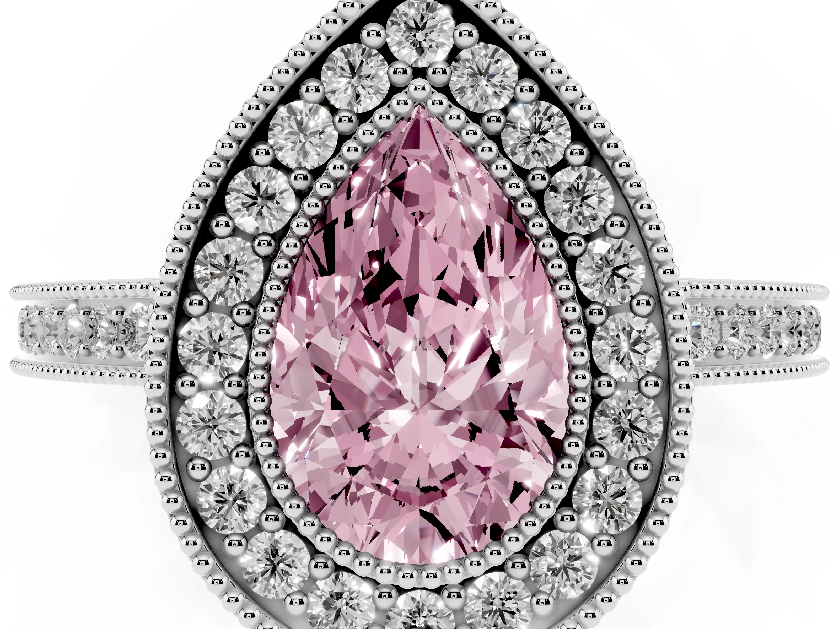 Fancy Pink Pear Cut Diamond Halo Ring Set in Platinum with Pavé Band and Milgrain-Edged Prongs