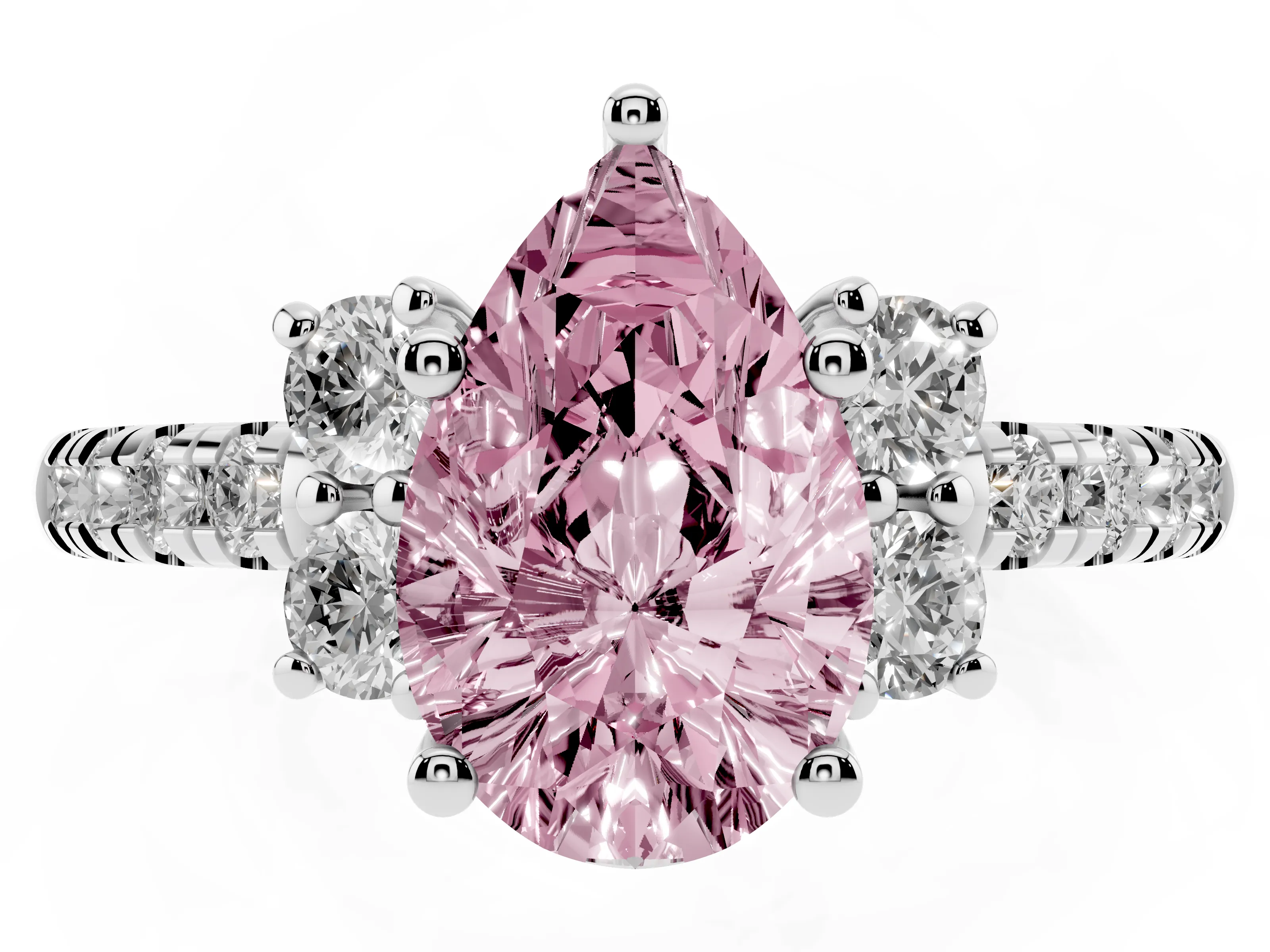 Fancy Pink Pear Cut Diamond Three-Stone Pavé Ring Set in Platinum with Prong Setting