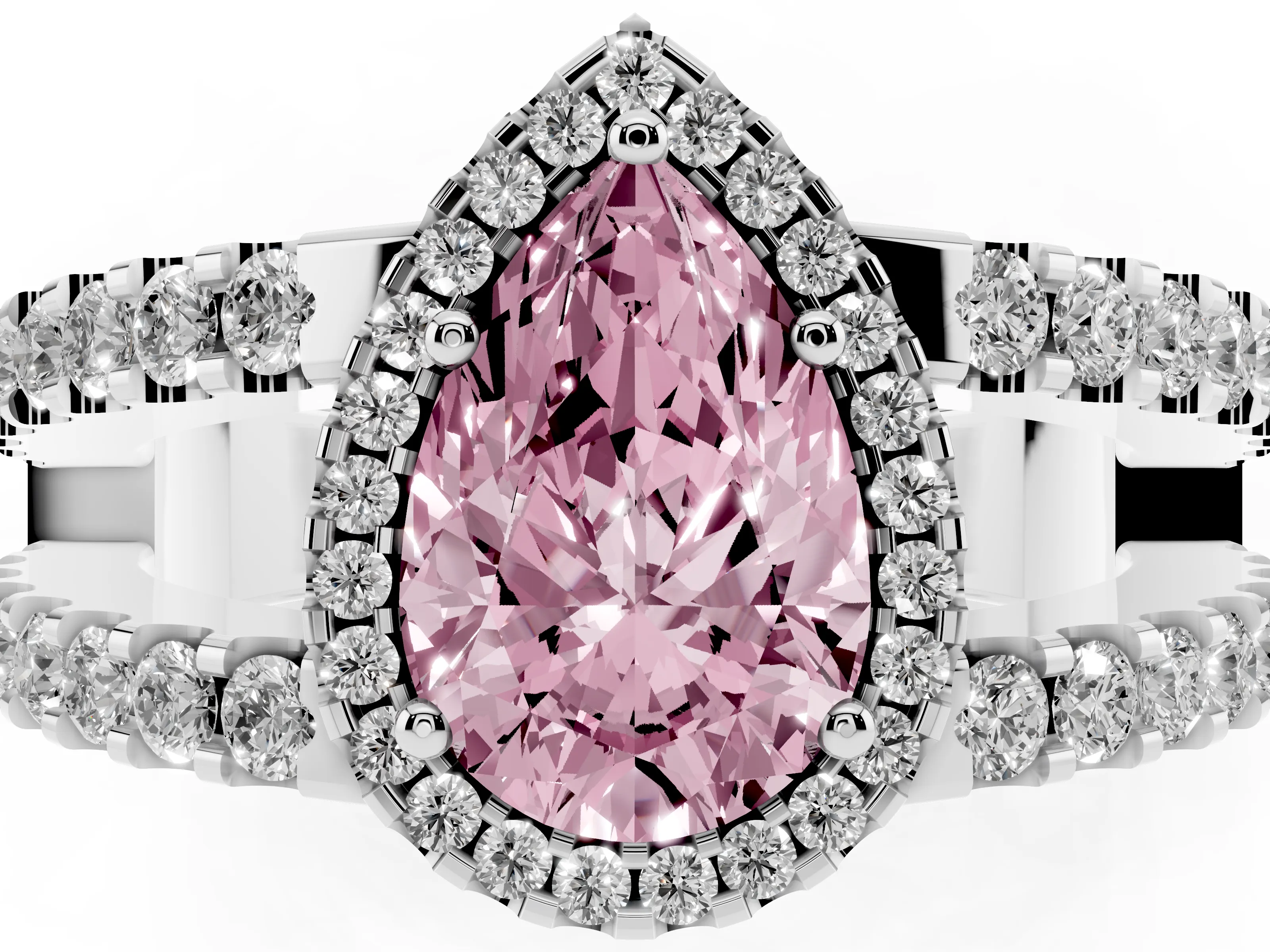 Fancy Pink Pear Cut Diamond Halo Ring Set in Platinum with Pavé Split Shank and Prong Setting