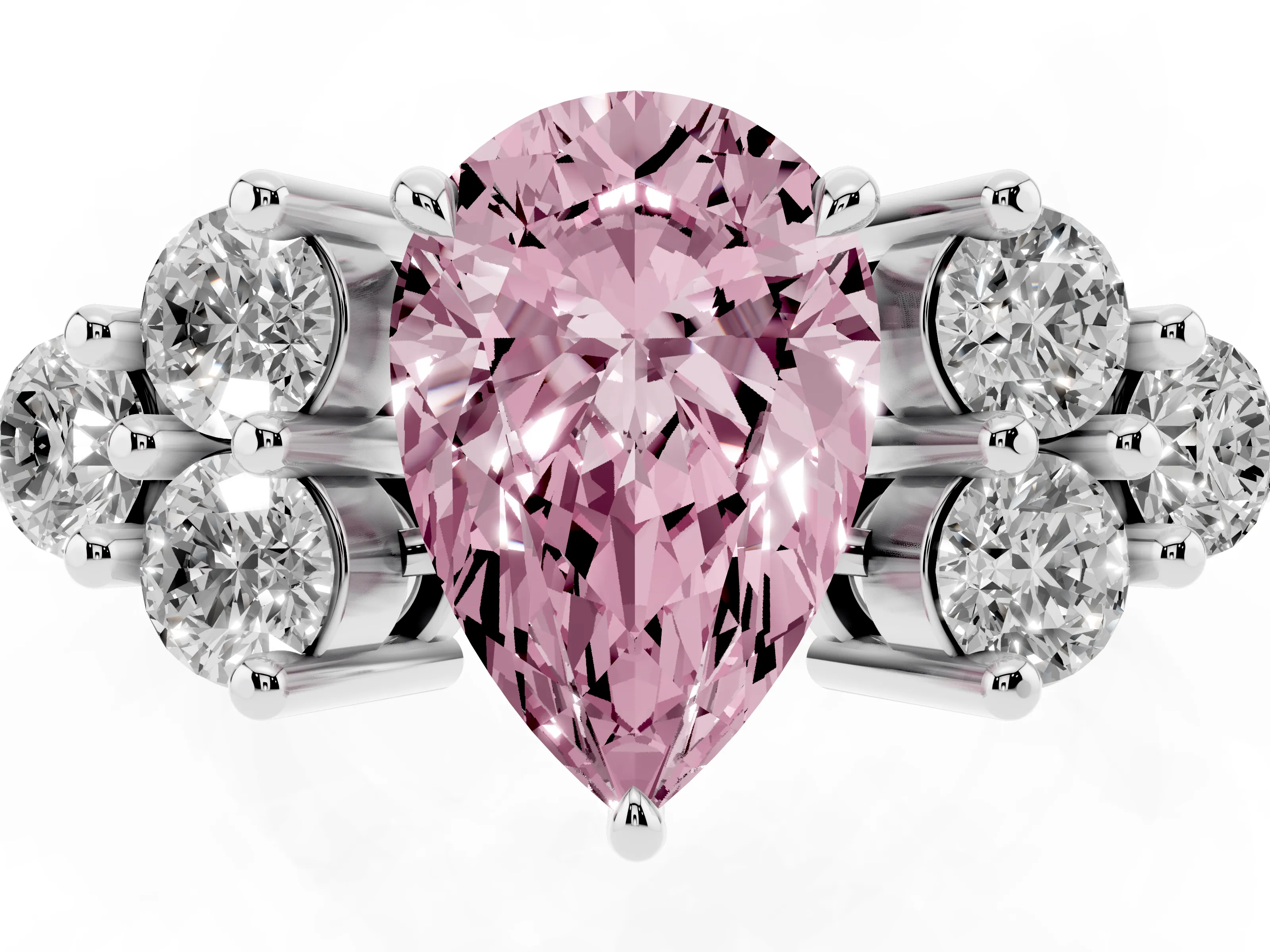 Fancy Pink Pear Cut Diamond Solitaire Ring Set in Silver with Cluster Accents on Each Side