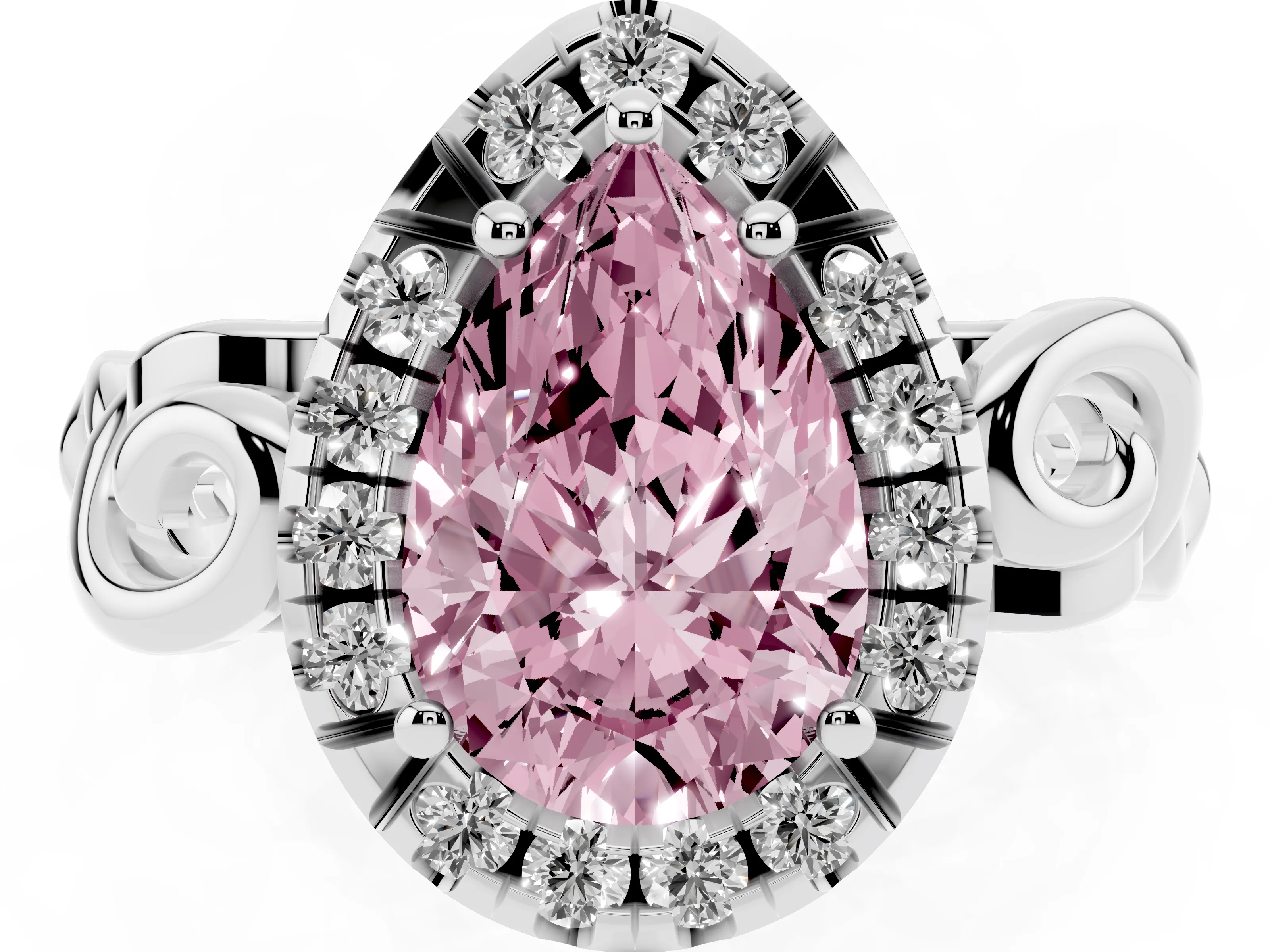 Fancy Pink Pear Cut Diamond Halo Ring Set in Platinum with Scrollwork Band and Prong Setting