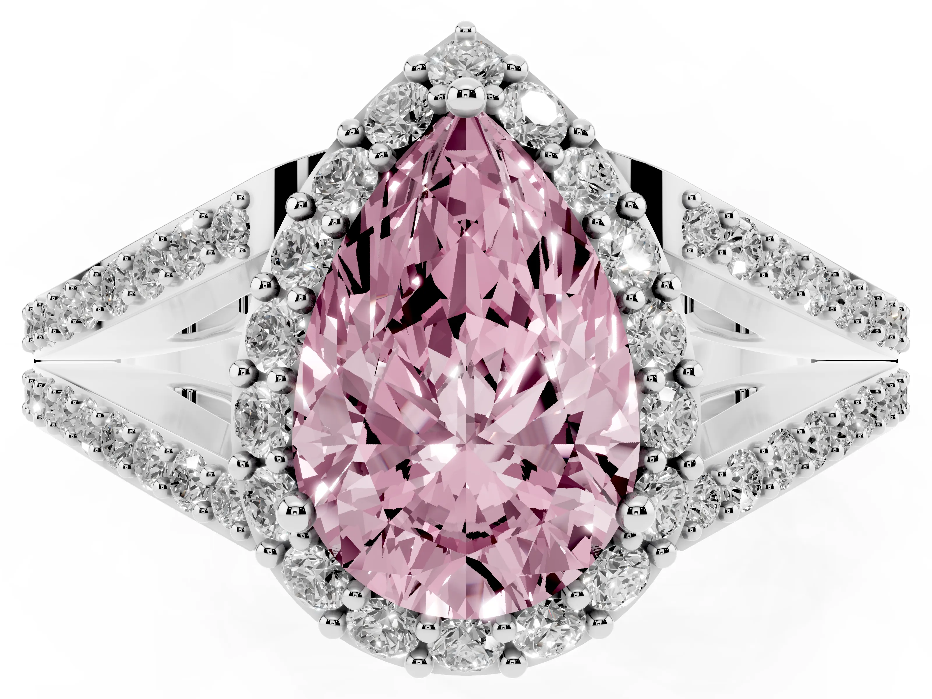 Fancy Pink Pear Cut Diamond Halo Split Shank Pavé Ring Set in Platinum with Prong Setting