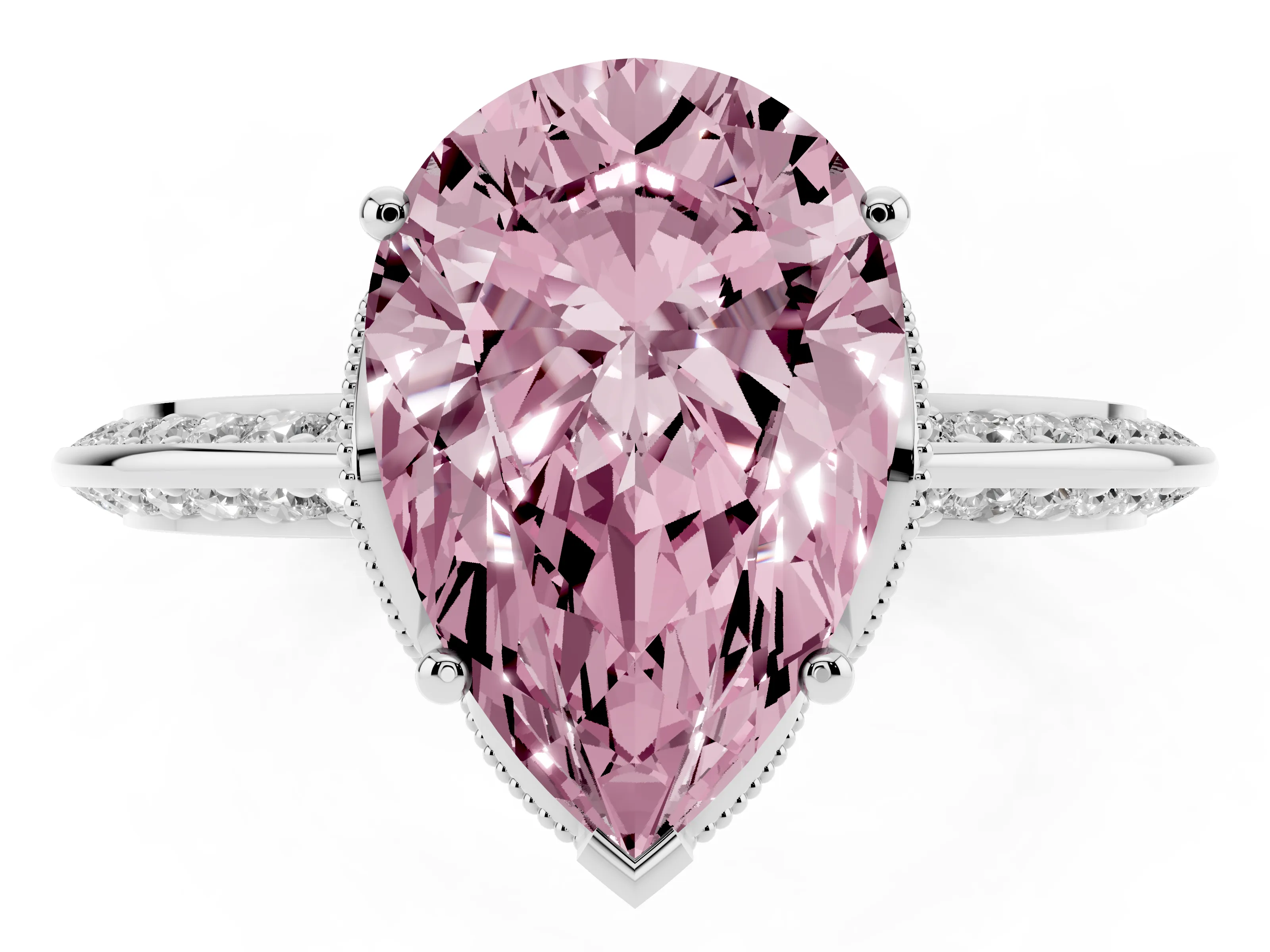 Fancy Pink Pear Cut Diamond Solitaire Engagement Ring Set in Platinum with Pavé Split Shank and Prong Setting