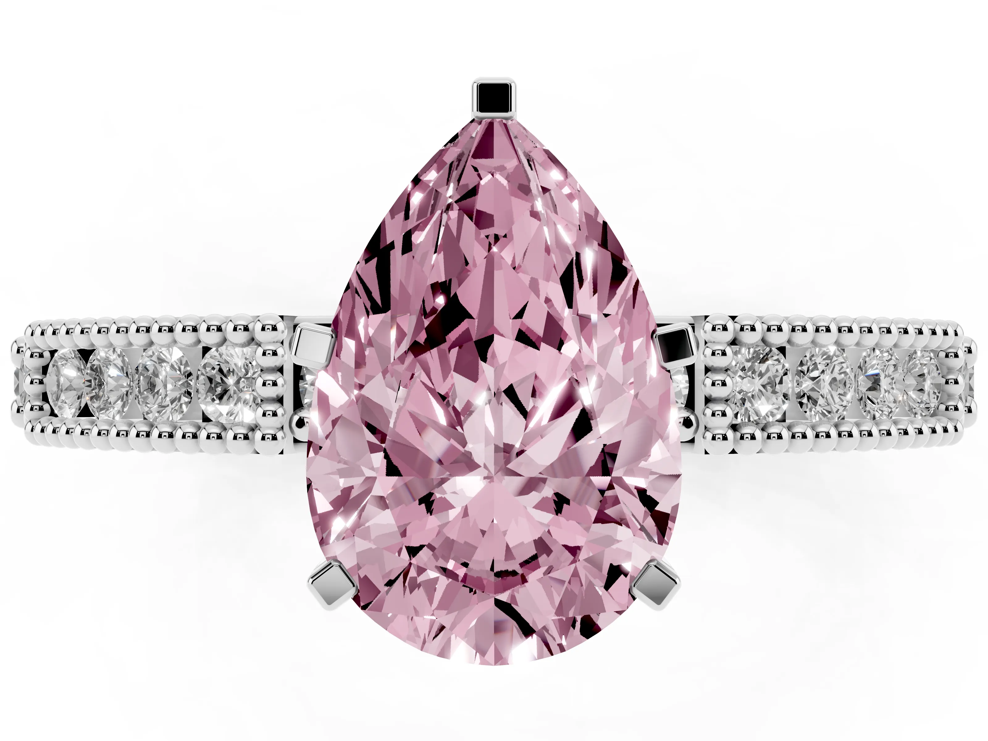 Fancy Pink Pear Cut Diamond Solitaire Ring Set in Platinum with Slim Pavé Band and Prong Setting