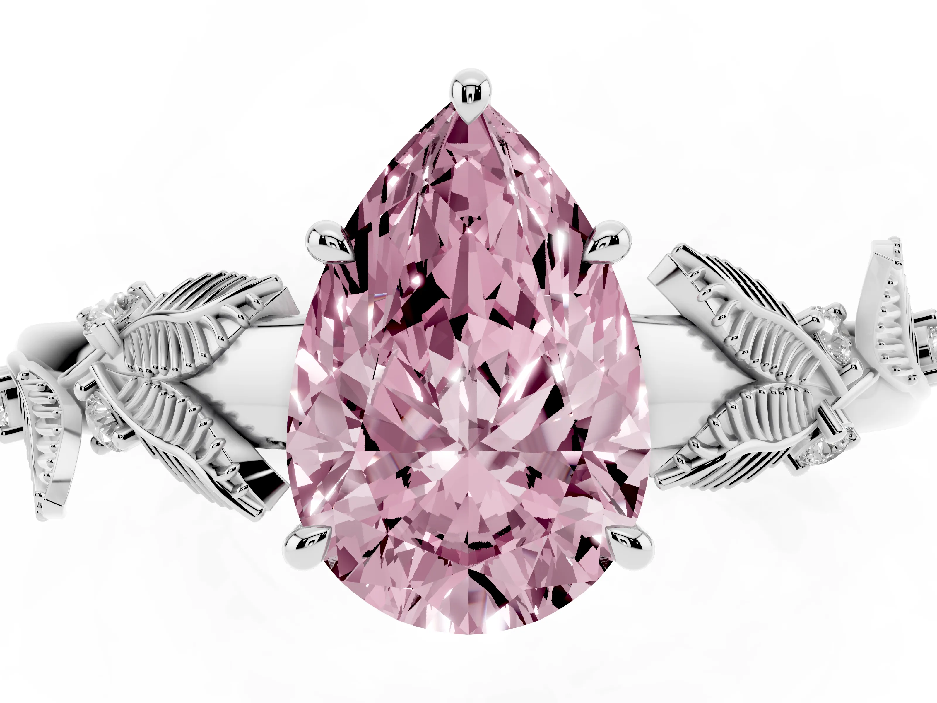 Fancy Pink Pear Cut Diamond Solitaire Ring Set in White gold with Leaf Motif Band