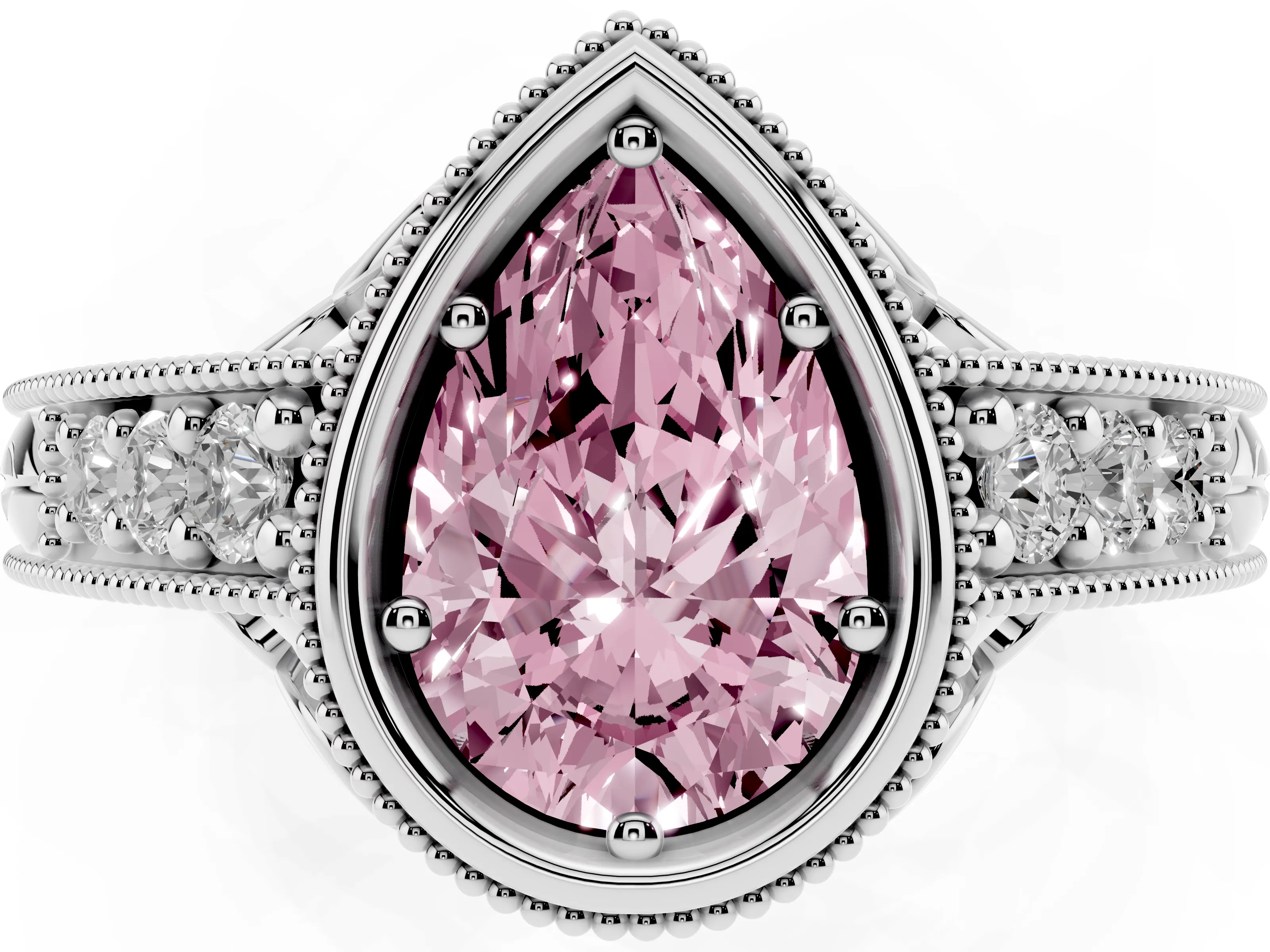 Fancy Pink Bezel Set Pear Cut Diamond Milgrain Pavé Engagement Ring Set in Silver