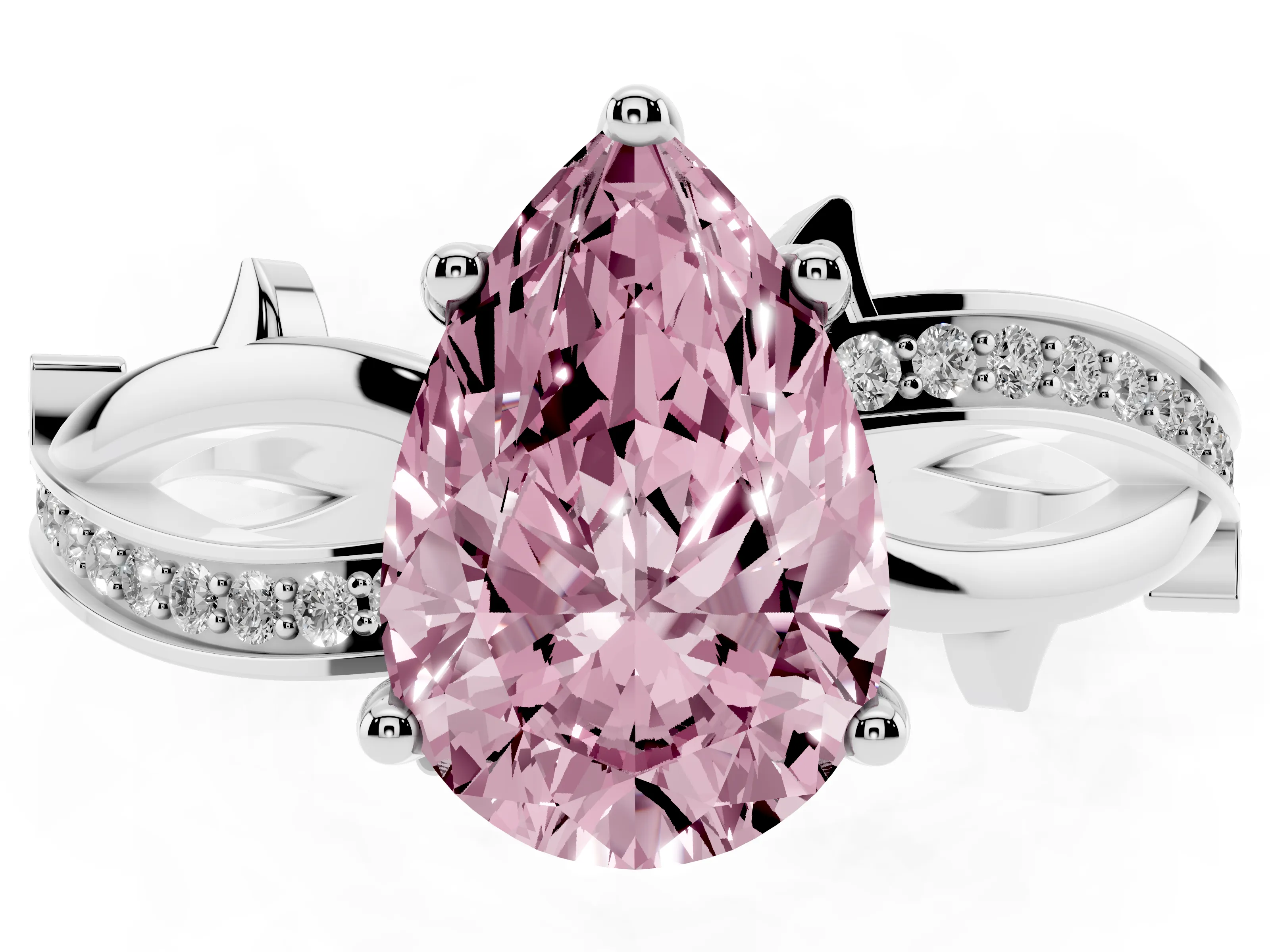 Fancy Pink Pear Cut Diamond Pavé Twist Band Solitaire Ring Set in Silver with Prong Setting