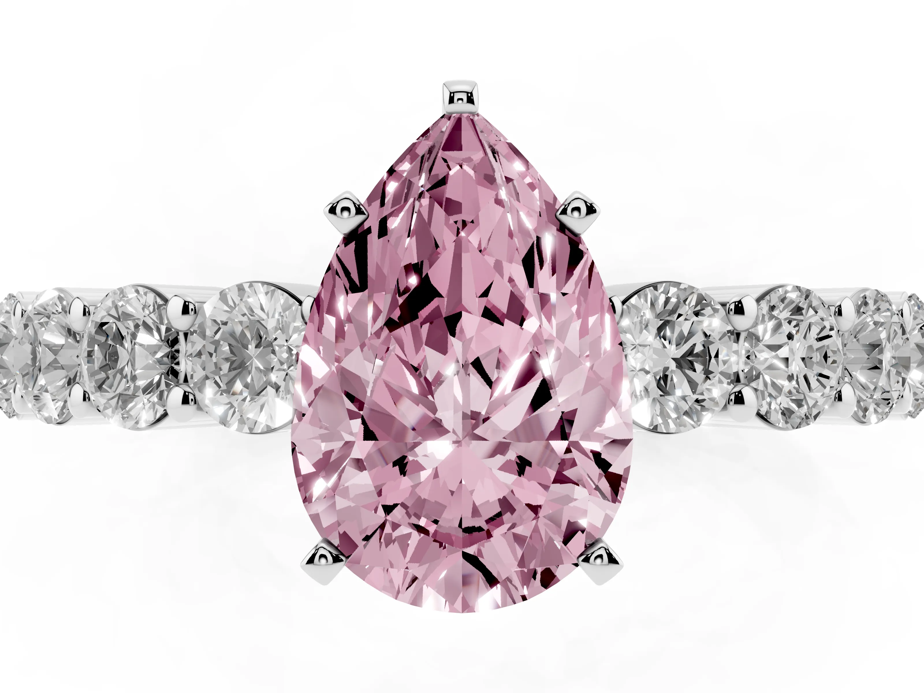 Fancy Pink Pear Cut Diamond Solitaire Ring Set in Silver with Shared Prong Round Side Stones