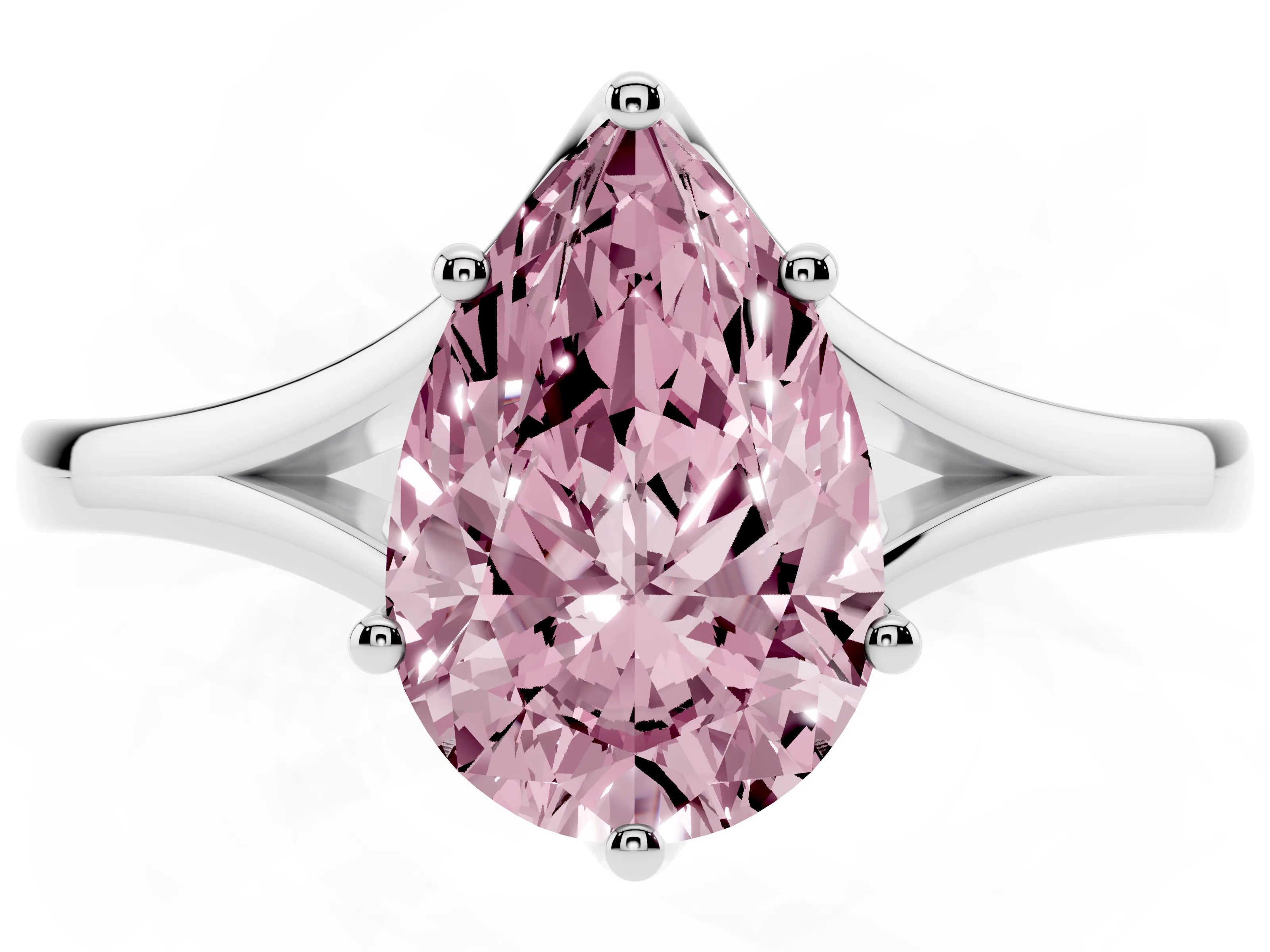 Fancy Pink Pear Cut Diamond Solitaire Ring Set in Silver with Polished Tapered Band and Prong Setting